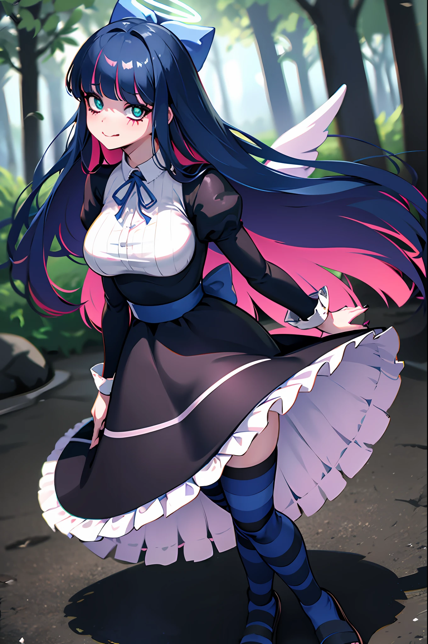 (masterpiece, best quality:1.2), stockingpsg, looking at viewer, blush, large breasts, castle, thighhighs, long sleeves, depth of field, ribbon, hair bow, tongue, tongue out, blunt bangs, nail polish, black dress, aqua eyes, blue bow, blue nails, arm behind back, :q, dynamic camera, cinematic camera, head tilt, chromatic aberration, specular lighting, angel wings, halo, long skirt, large skirt, fullbody, flipflops, walking, village, forest