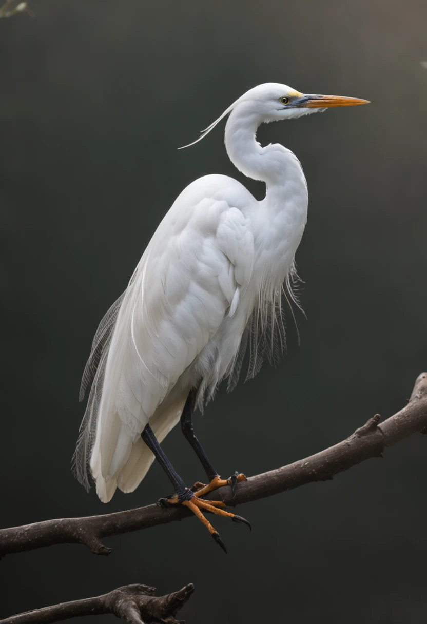 The egret stands gracefully on the branches, Strong morning light diffuses through the mist,Slowly rise, Its white feathers stand out in dramatic side lighting