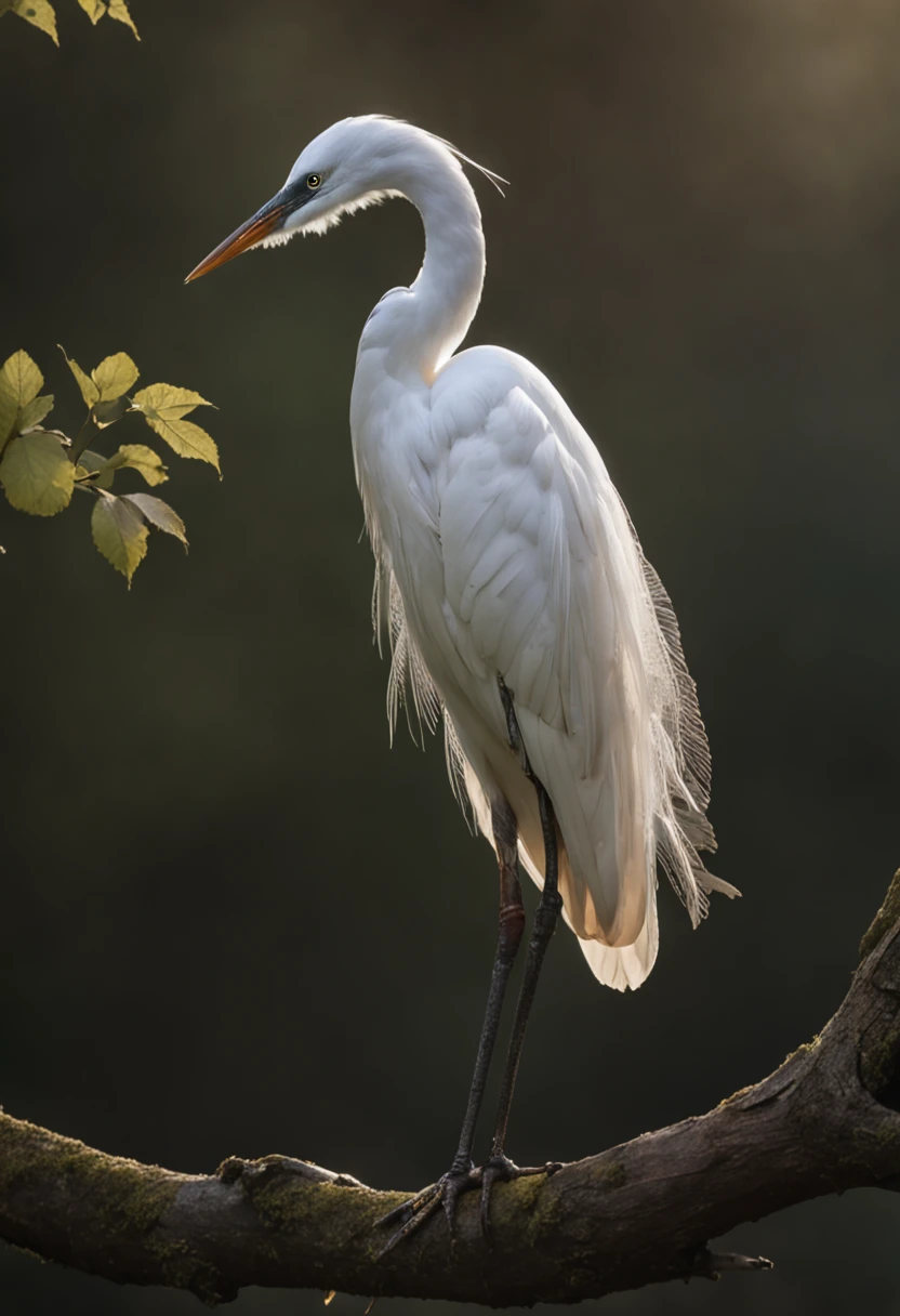 The egret stands gracefully on the branches, Strong morning light diffuses through the mist，Slowly rise, Its white feathers stand out in dramatic side lighting