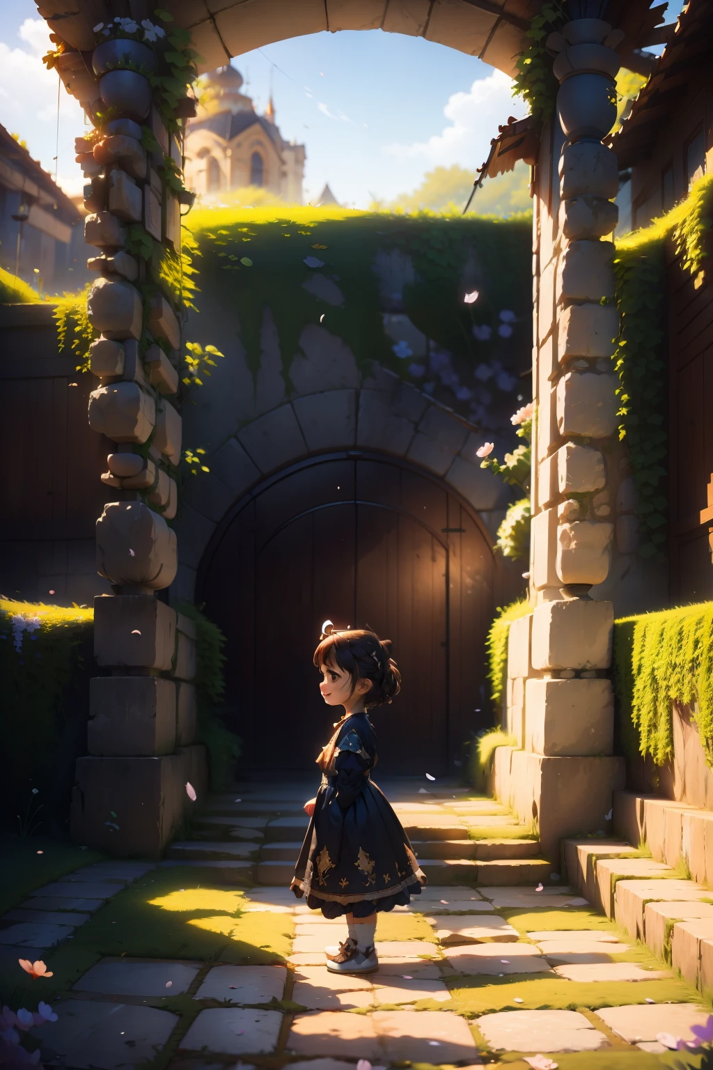 Beautiful little princess in dress, Stand on the marble steps at the entrance to the palace, Look at the wyvern in the distant sky.Light,8k wallpaper,Master painting,petals,lakes,bow and arrows,grin,Black eyes,swing, Perfect quality,Clear focus(Clutter - home:0.8), (tmasterpiece:1.2) (realisticlying:1.2) (Bokeh) (best qualtiy) (detailedskin:1.3) (complexdetails) (8K) (detailedeyes) (Sharp focus),(having fun)