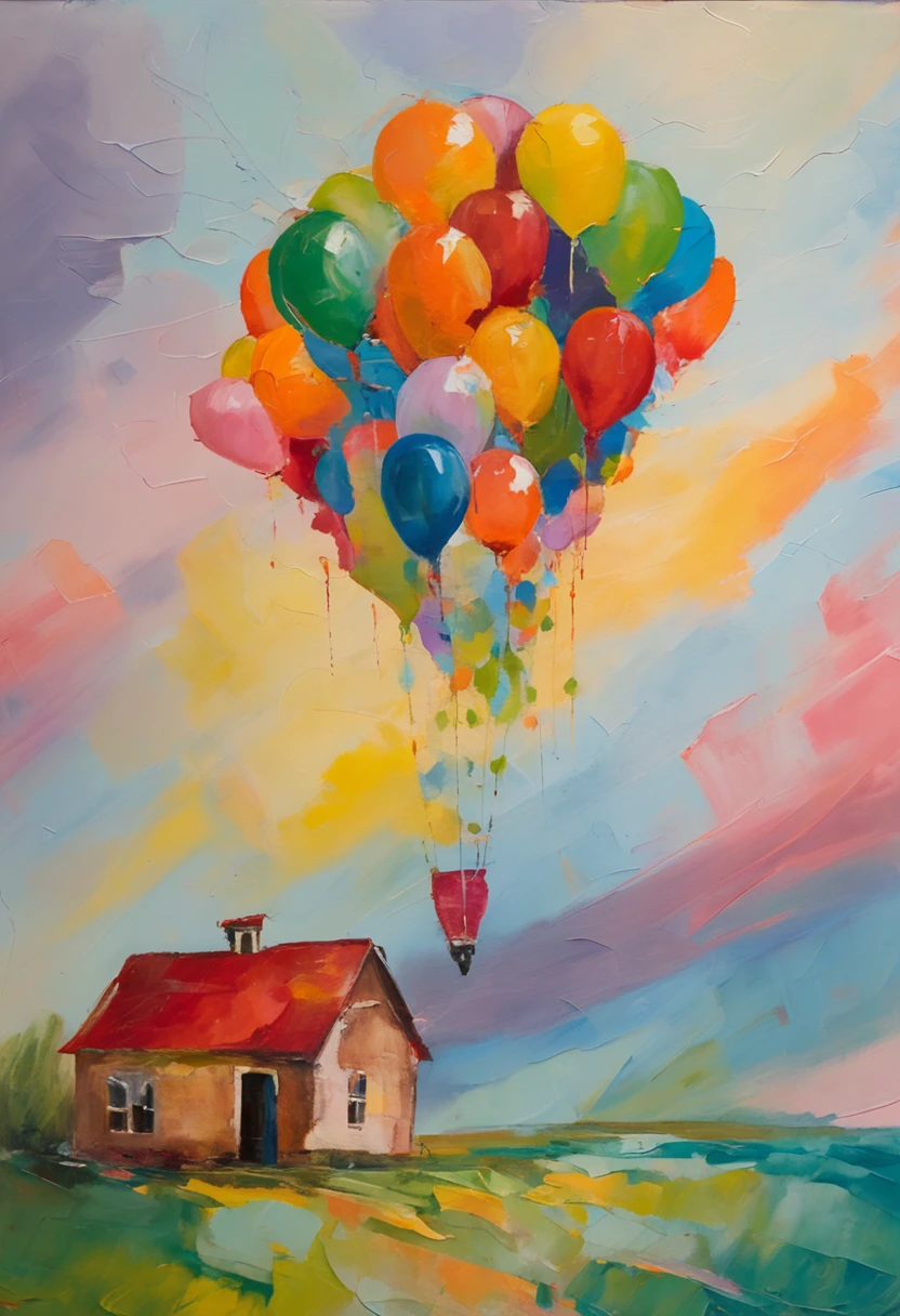 The great white bird carries the small house and flies in the air，The small house is full of balloons，In front of the window of the small house, A child leaned out and looked out，Howl's moving castle style，Extremely colorful，Bright shades