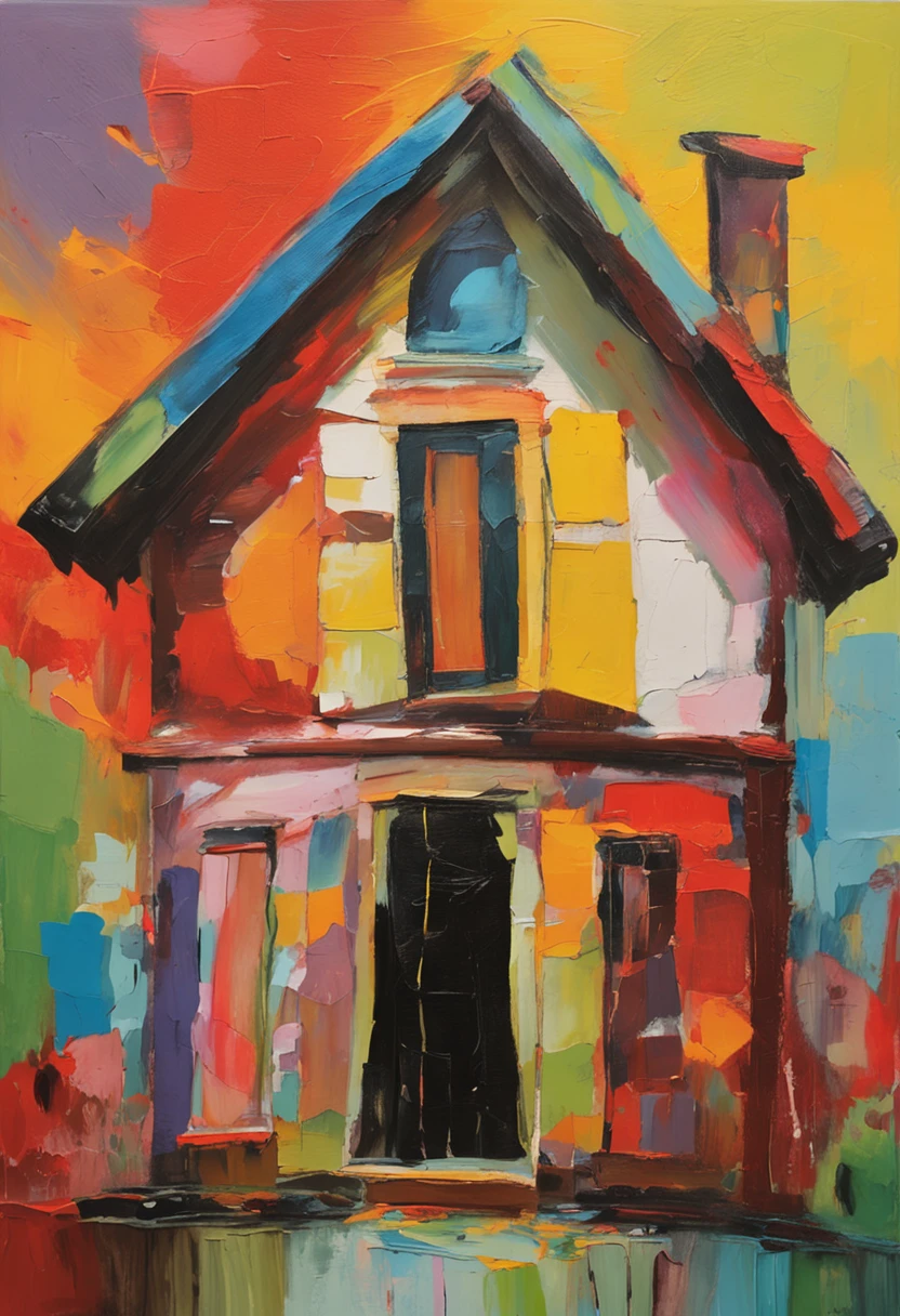 The great white bird carries the small house and flies in the air，The small house is full of balloons，In front of the window of the small house, A child leaned out and looked out，Howl's moving castle style，Extremely colorful，Bright shades