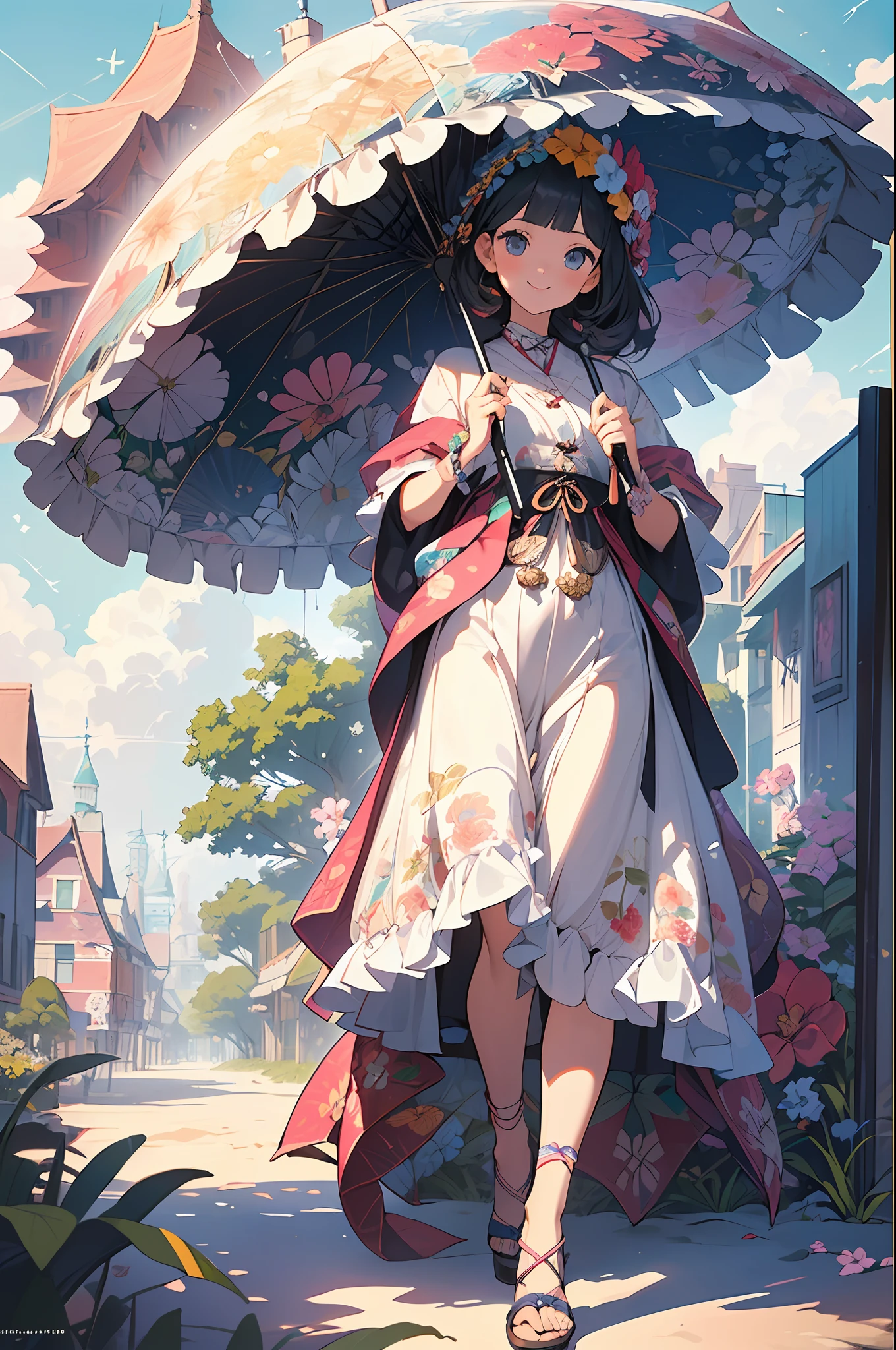 ((flowercrown),((beach parasol))，innocent smiles、eye glass、veranda、ancient city、(1 girl, Solo:1.6),(Cute smile),(Clothes are simple), (Best Impact:1.5), (maximalism:1.7), Vivid contrast, (Realistic), hyperrealistic illustrations, hight resolution, ultra-detailliert, absurderes,(Fractal Art:1.3)、Random hairstyle、Random hair color colorful、FULL BODYSHOT、Retro、Precise focus、randome pose、cinema4d、Drama
