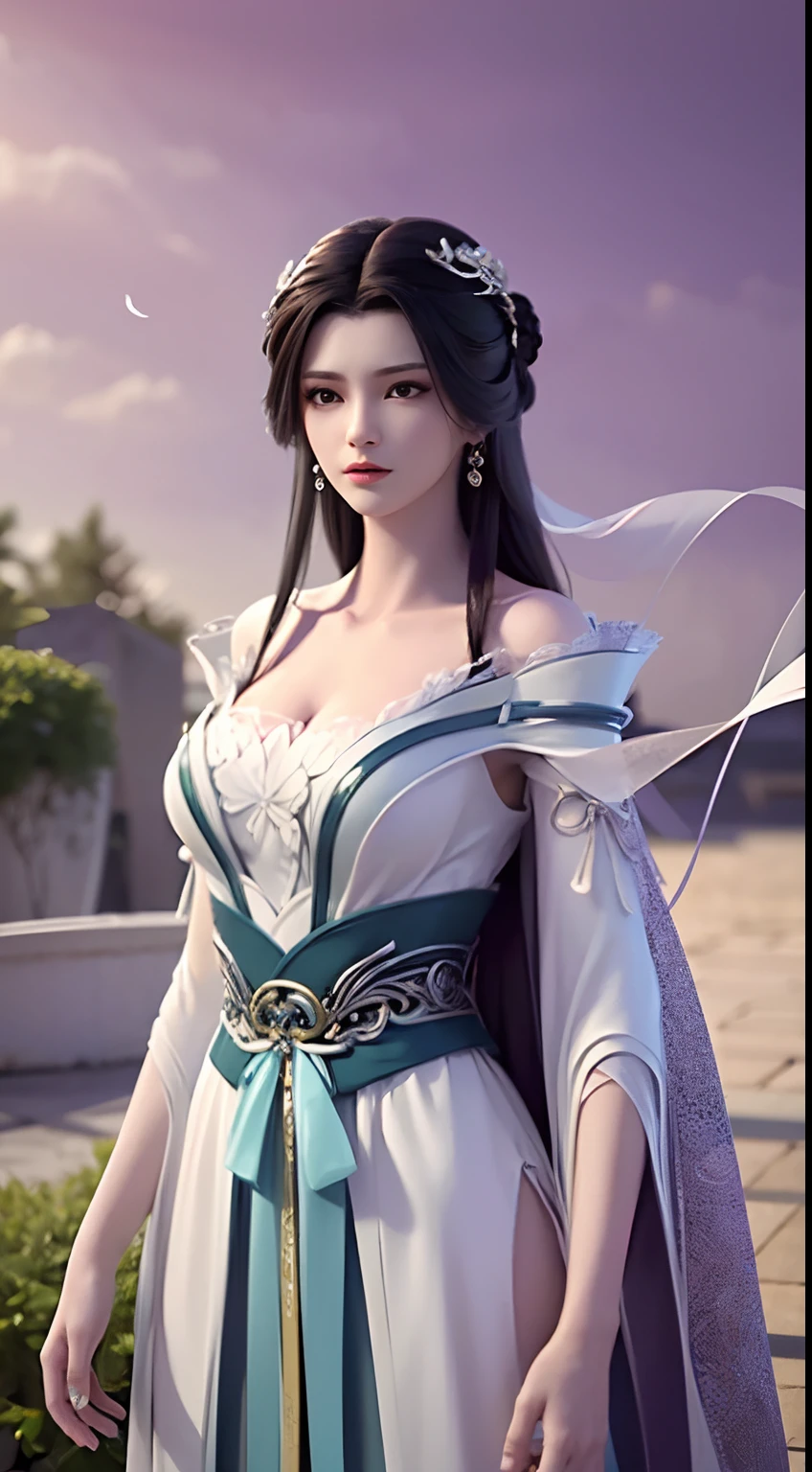 Solo, 1 Beautiful Female, Wuxia World, (1 Girl), (Full Body), (Xiuxian World), Chinese Immortal Wuxia, (Purple Cross-collared Top, Ancient Long Skirt, Embroidered Cape, Streamer), Brunette Hair, Chinese Coiled Bun, Hairpin, Light Pink Lips, Calm, Intellectual, Delicate Face, Masterpiece, Best Quality, High Quality, High Definition, High Quality Texture, High Quality Shadows, High Detail, Cinematic Light, Side Lighting, Ray Tracing, Sharp Focus, Realistic, Edge Light, Two-tone Light, (Detailed Skin Details: 1.2), 8k uhd, SLR, soft light, high quality, high resolution, (very detailed CG unity 8k wallpaper)