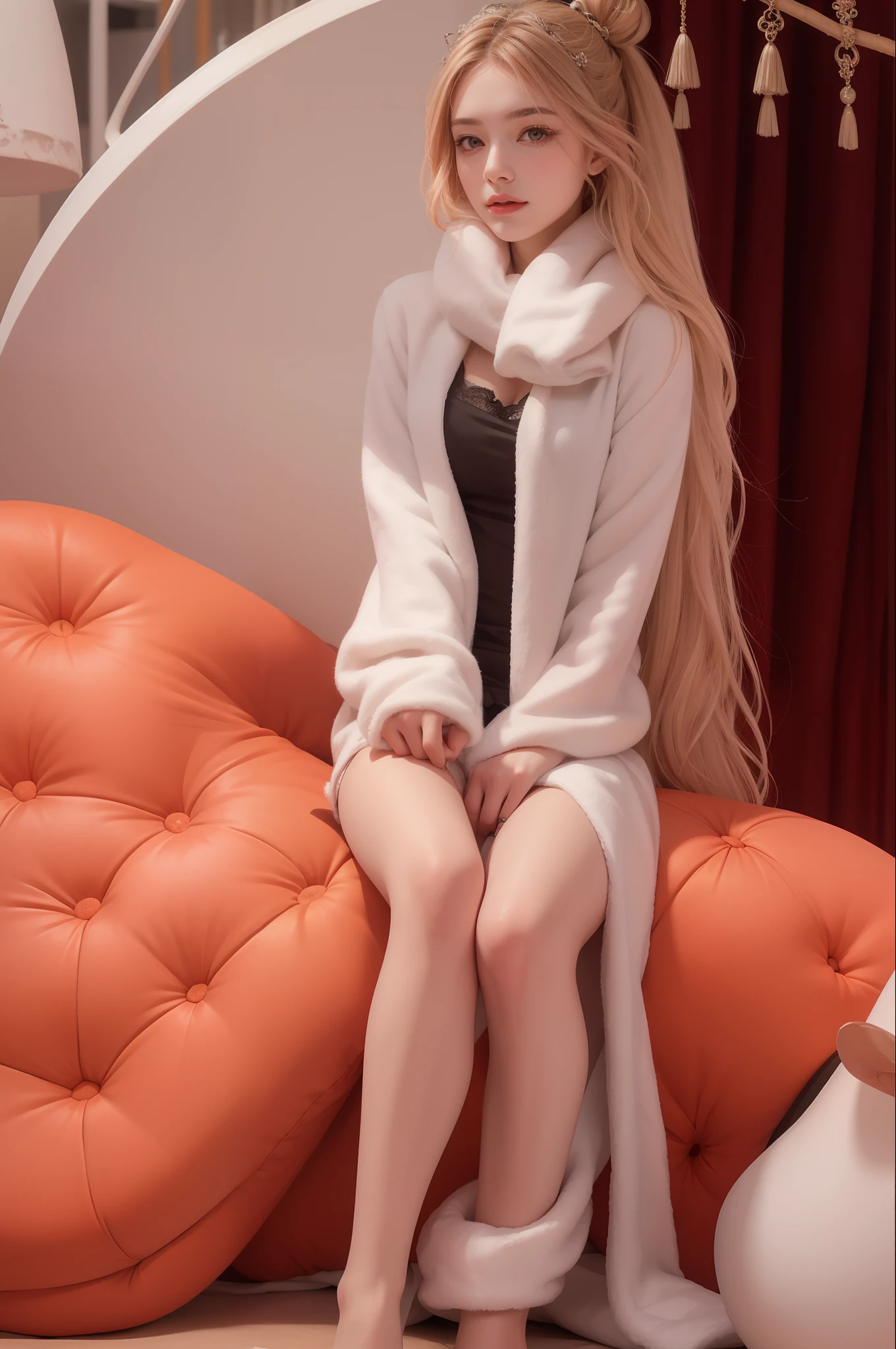 (Masterpiece, Photorealistic, High Resolution), ((1girl):1.2), Korean, ((white wavy hair):1.3), (Heterochromia eyes:1.1, Thick eyebrows, small mole below eye), (white open hoodie, black gym shorts), ((medium breast):1.2, small waist, large thighs), sitting on bed