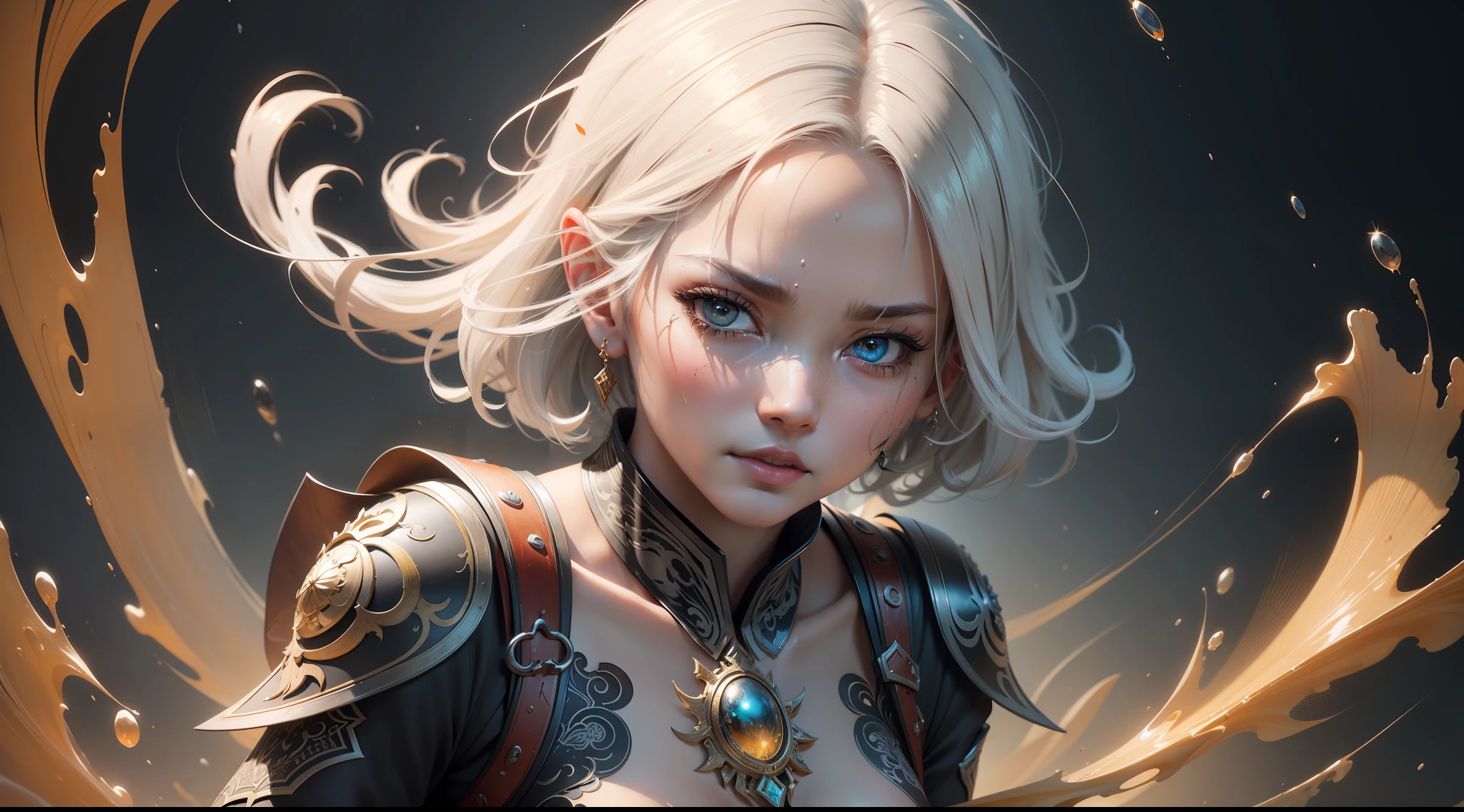 medium full shot, 1 girl, 独奏, A look at the audience, short white hair, vortex, white chinese clothes, ink splash: Honey, Scarlet , Orange, milky shades, kung fu, Floating water, Space, Simple background, (Masterpiece, Best Quality, Very detailed CG), (( colored ink)))), ((Highly detailed ink background)), ((flat color)), {{ink splash}},., realistic, RAW photo,8K UHD, masterpiece, best quality, photorealistic,detailed skin, detailed materials , cinematic, detailed symmetric beautiful material's light ,dynamic pose, in the style of artists like Russ Mills, Darek Zabrocki, Ivan laliashvili, Jean-Baptiste Monge. perfect shading, with dramatic lighting. The artwork should be centered, stylized, and elaborate. TanvirTamim. rendered in 8K resolution for high-quality detail, artstation, concept art, smooth, sharp focus, highly detailed, soft natural volumetric cinematic perfect light, intricate artwork masterpiece