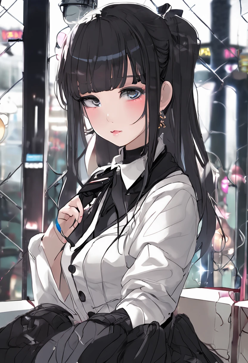 best qualtiy、Realistic Asian woman makes the night view of Kabukicho attractive。She has dark hair and、、The length is characterized by crisp bangs.。She wears platform loafers and knee-high socks.、、The goth costume with ribbon is cute、Enhances the atmosphere of the night。her face is beautiful、Annuit's sleepy look is attractive。Precisely drawn to the smallest detail of the fingertips。You have been arrested