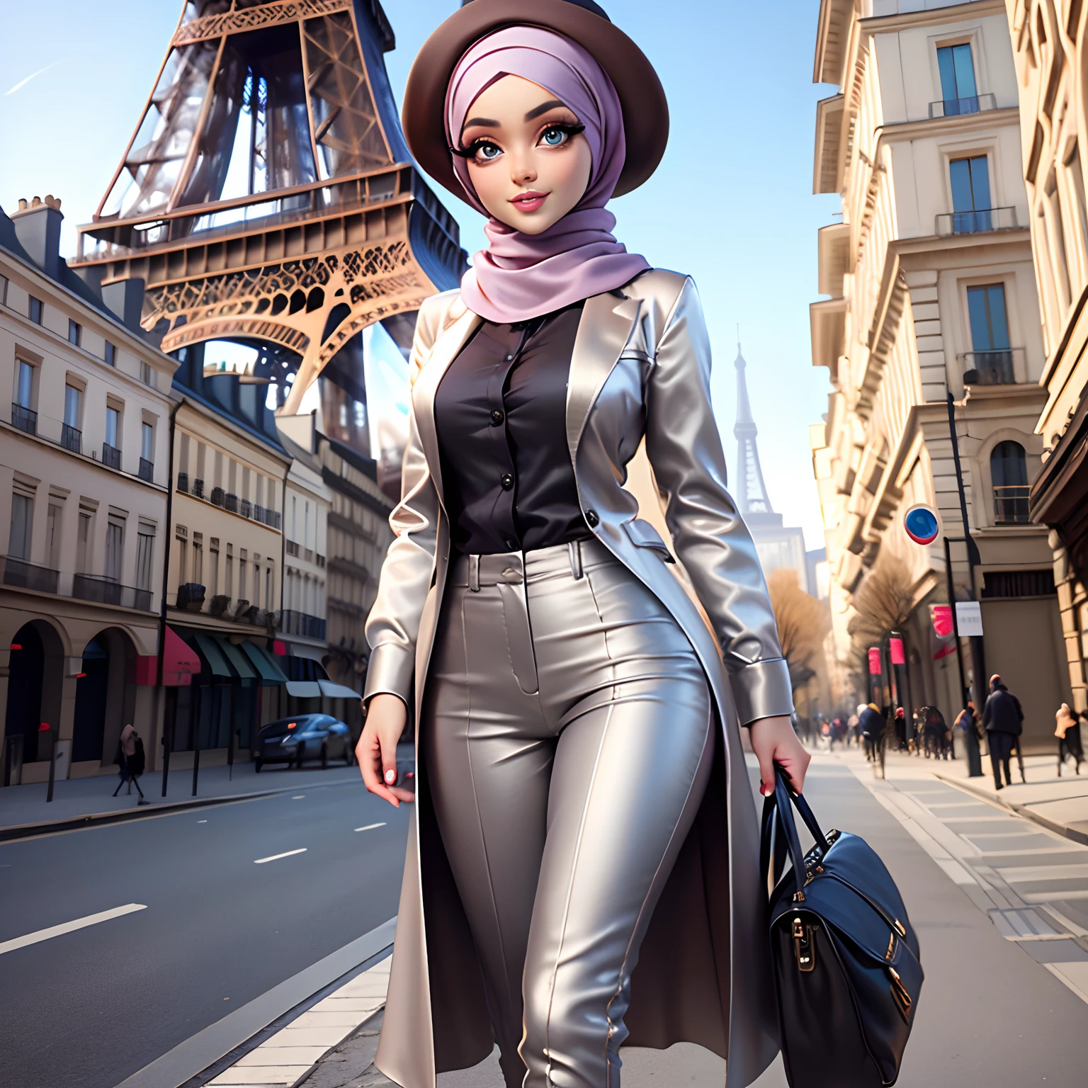 Masterpiece, Best Quality, 3D Rip Artwork, 3DMM Style, Portrait, Realism, a woman beautifully makeup, eyeshadow, Parted Lips, Detailed Eyes, beautiful big eyes, long eye lashes, smile wearing (gray satin headscarf)), loosely tide hijab style, ((brown satin shirt)), satin long pants, long blazer, high cut boots, floppy hats, walking on street, Eiffel tower view