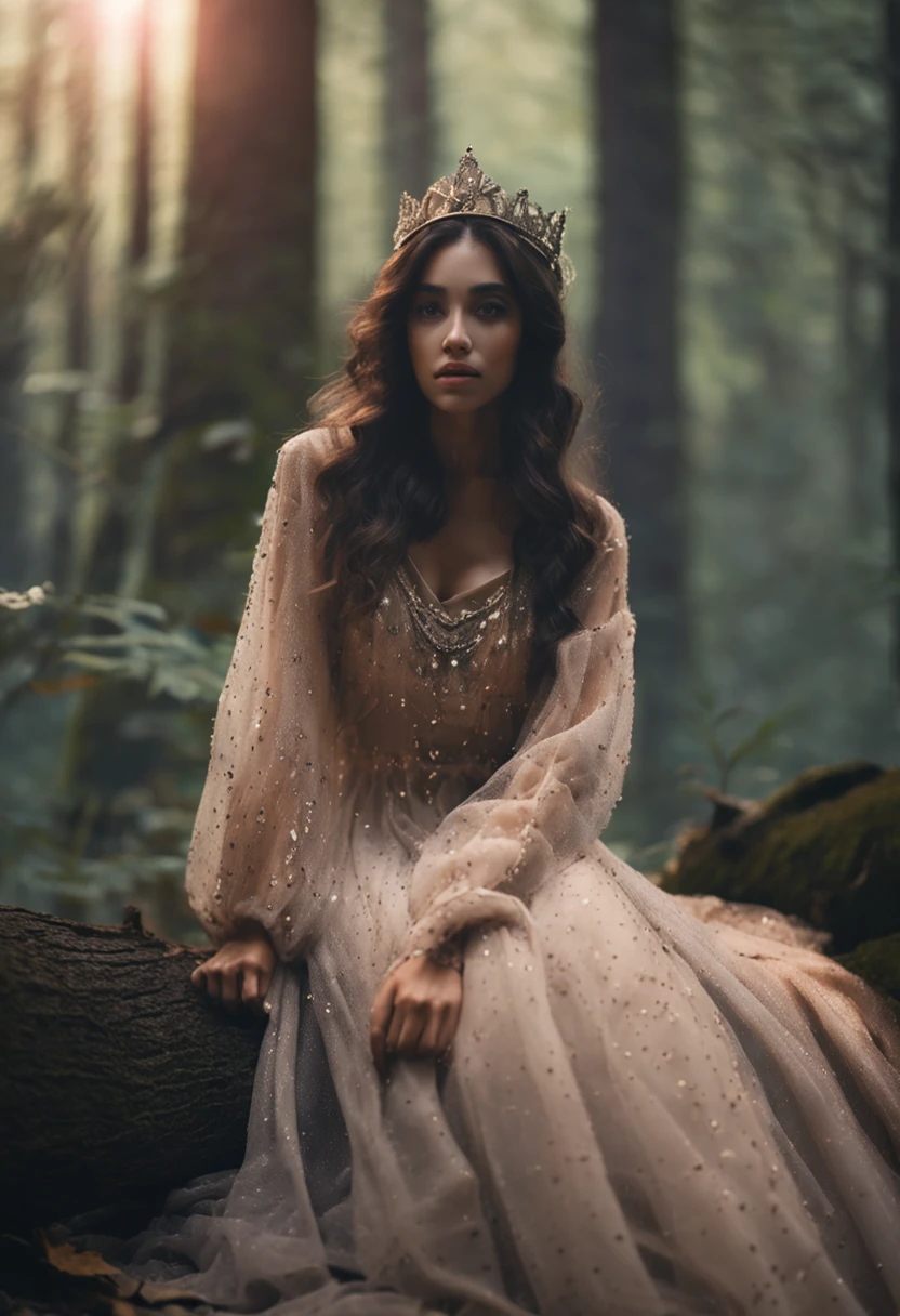 Sit in a luxurious palace、Beautiful girl in her 20s with plump body, Glamour、Sitting on a log in a foggy forest, abundant dark hair, Bushy bangs, Beautiful black eyes with glitter, Beautiful face with symmetry, Pretty and innocent face, heavy make-up、 Unadorned, Film grain, dreamy photo, Concept photo, Emotional Photography, film photography, photos realistic, realisitic, Sharp Focus, 14k, ighly detailed, cgsociety, ultra-definition, Very fine particles, Grain Filter