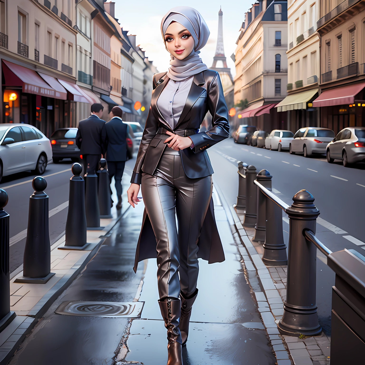 Masterpiece, Best Quality, 3D Rip Artwork, 3DMM Style, Portrait, Realism, a woman beautifully makeup, eyeshadow, Parted Lips, Detailed Eyes, beautiful big eyes, long eye lashes, smile wearing (gray satin headscarf)), loosely tide hijab style, ((brown satin shirt)), satin long pants, long blazer, high cut boots, floppy hats, walking on street, Eiffel tower view