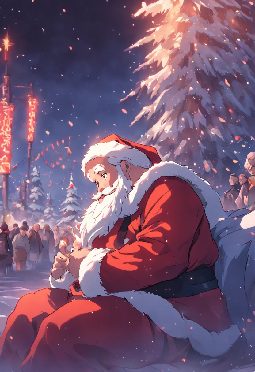 Santa rubs his head in confusion as Elara gives him an amused smile and Frey grimaces with his singing 'rock star' snowman in the background.