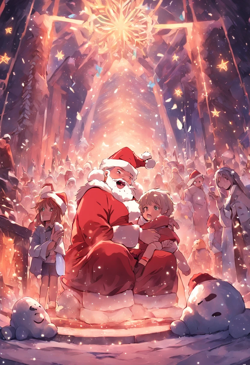 Santa rubs his head in confusion as Elara gives him an amused smile and Frey grimaces with his singing 'rock star' snowman in the background.