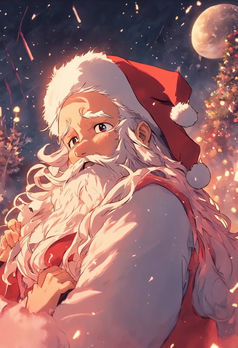 Santa rubs his head in confusion as Elara gives him an amused smile and Frey grimaces with his singing 'rock star' snowman in the background.