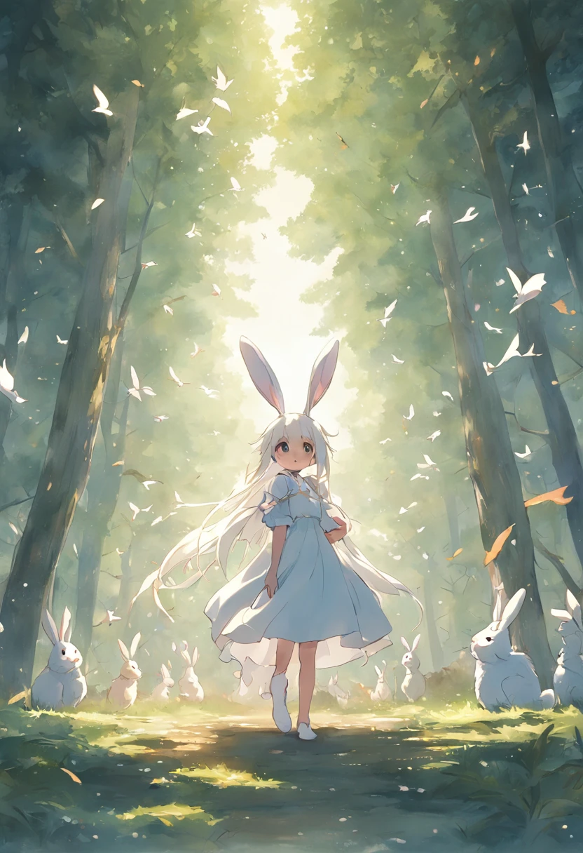 Bunny girl fairy,Long hairy ears,it's lovely,Long white dress,at a forest,Blue sky,White clouds,A flock of small birds,There is a group of little rabbits around