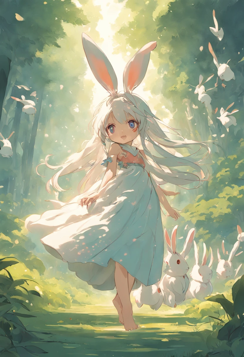 Bunny girl fairy,Long hairy ears,it's lovely,Long white dress,at a forest,Blue sky,White clouds,A flock of small birds,There is a group of little rabbits around