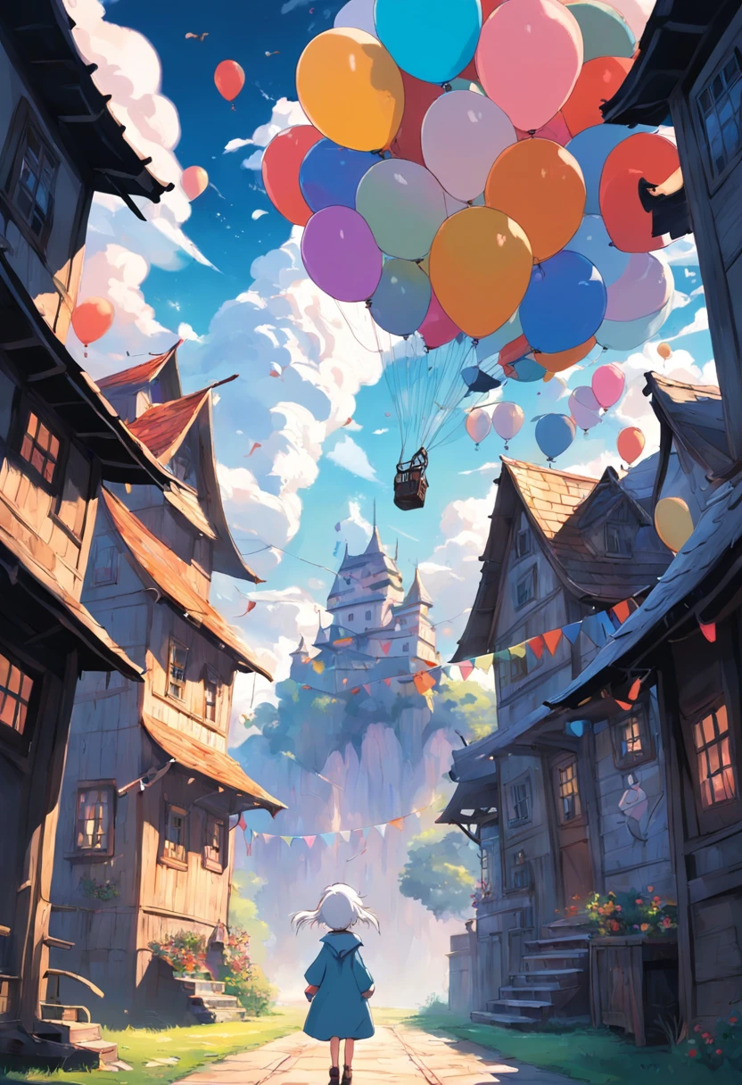 The big white bird carries the small house，Fly in the air，The little house was full of balloons，In front of the window of the small house, A child poked his head out，Look out，Howl's moving castle style，Extremely colorful，Bright shades