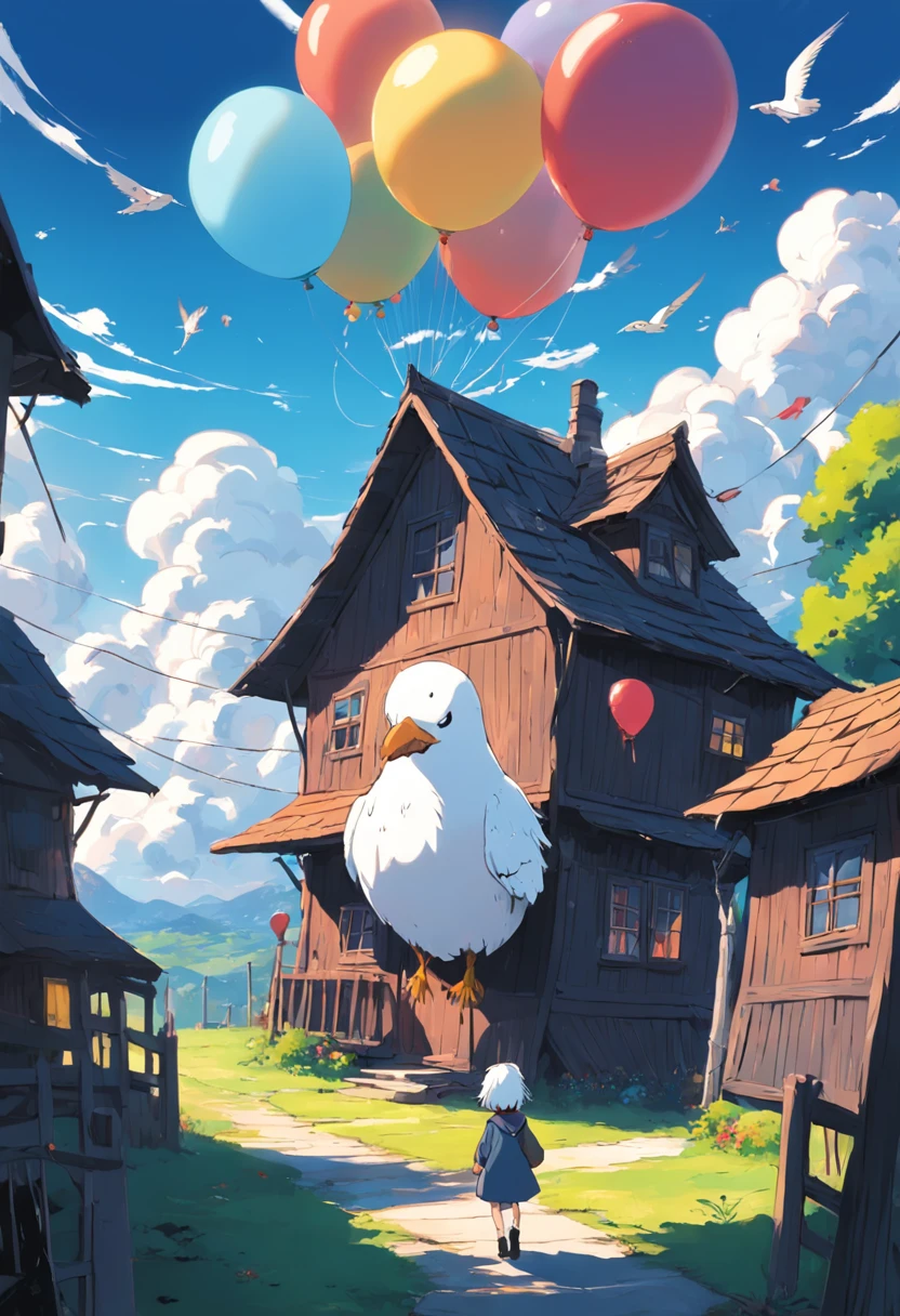 The big white bird carries the small house，Fly in the air，The little house was full of balloons，In front of the window of the small house, A child poked his head out，Look out，Howl's moving castle style，Extremely colorful，Bright shades