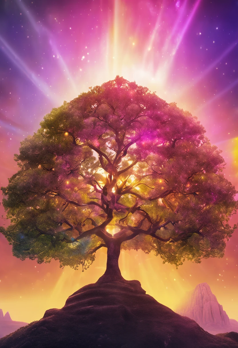 Bodhi tree, symbol of Buddhism, iridescent in rainbow colors, with a golden aura around him with a very bright divine light descending from the sky,  High Definition Image, detalhamento alto e estilo fotorrealismo. Imagem com pelo menos 300 dpi, UHD 8k