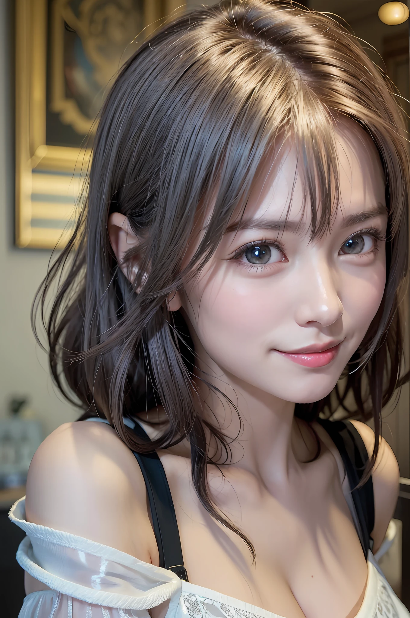 ((top-quality、in 8K、​masterpiece:1.3))、女の子 1 人、brown haired、brown-eyed、frontage、Highly detailed facial and skin texture, A detailed eye、(((A smile、Gahaha laughter)))、Highly detailed white tooth texture、The upper part of the body、