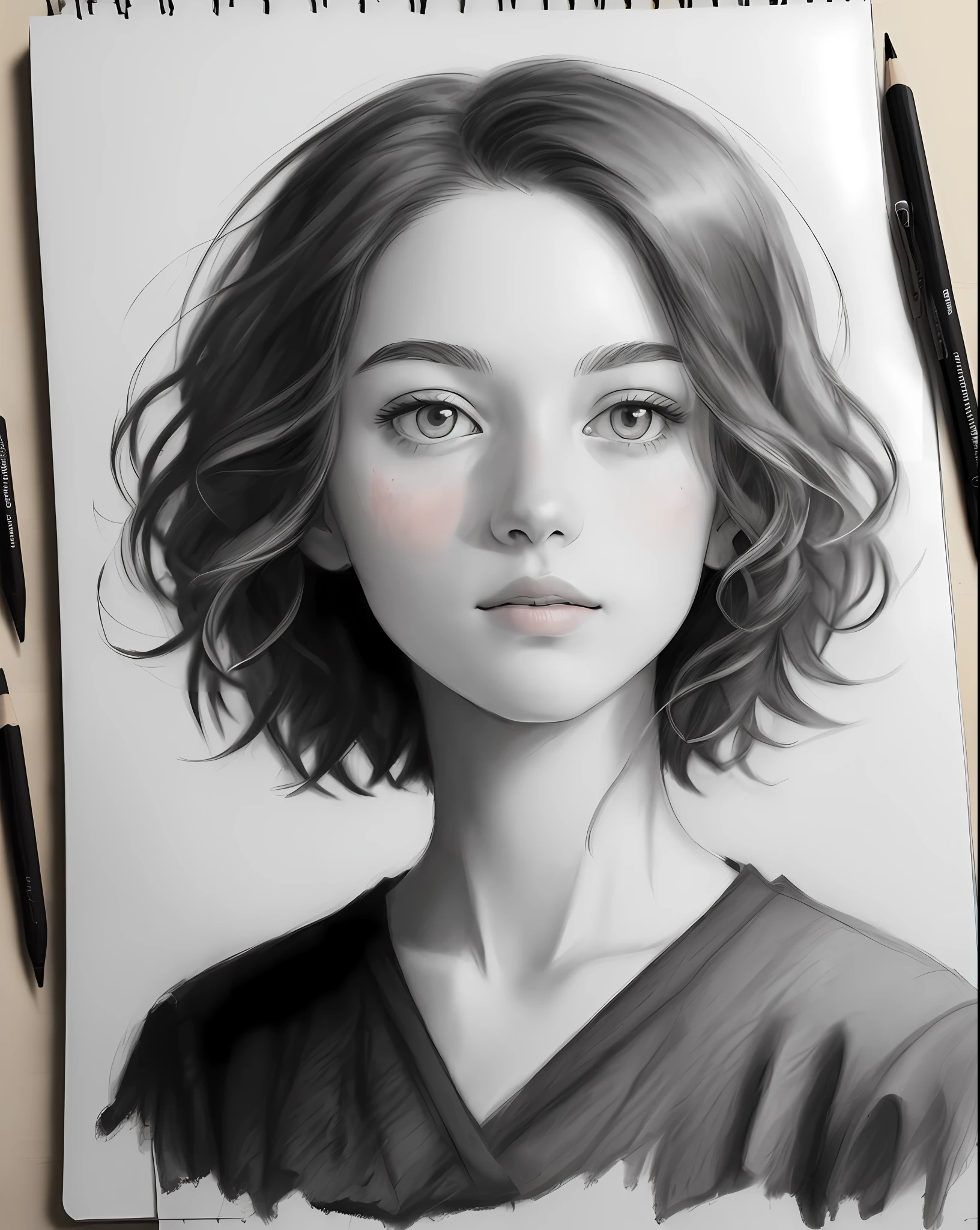 ((high quality, masterpiece:1.4)), 1girl, ((upper body)), portrait sketch, messy drawing, messy charcoal spots, unfinished sketch, sketchbook charcoal style drawing of a woman, sketchbook drawing, sketchbook, beautiful hair, medium short hair, beautiful face, symmetrical face, symmetrical eyes, ((paper material background)), realistic charcoal lines, imperfect drawing, charcoal crumbs, charcoal lines, imperfections