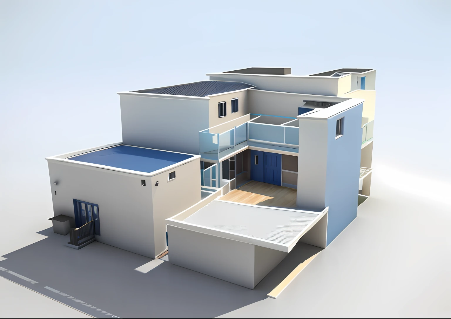 Renderings of the house with blue doors and windows, 3 d perspective, 3D rendering of, 3 d rendered, concept house, architectural concepts, rendered 3d model, 3d rendered model, orthographic 3d rendering, iso-distance view!!!!, 3 d rendered, 3 - d render, casa completa, complex 3 d render, Complex 3 D rendering, Perspective view