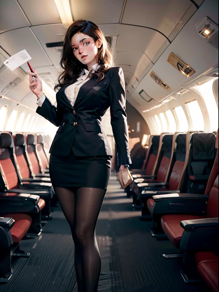 best quality, masterpiece, 8k, ultra high res, (photorealistic:1.4), highly detailed, intricate detail, delicate and beautiful, good lighting, professional lighting, sharp focus, detailed shadows, exquisite details and textures, depth of field, unity 8k wallpaper, cinematic composition, cinematic lighting, official art, Cabin Crew, flight attendant, black pantyhose, (aircraft, (Aircraft Corridor), Aircraft seats) beautiful elegant face, detailed face, detailed eyes, realistic hair, long hair, (1girl), (standing:1.3),