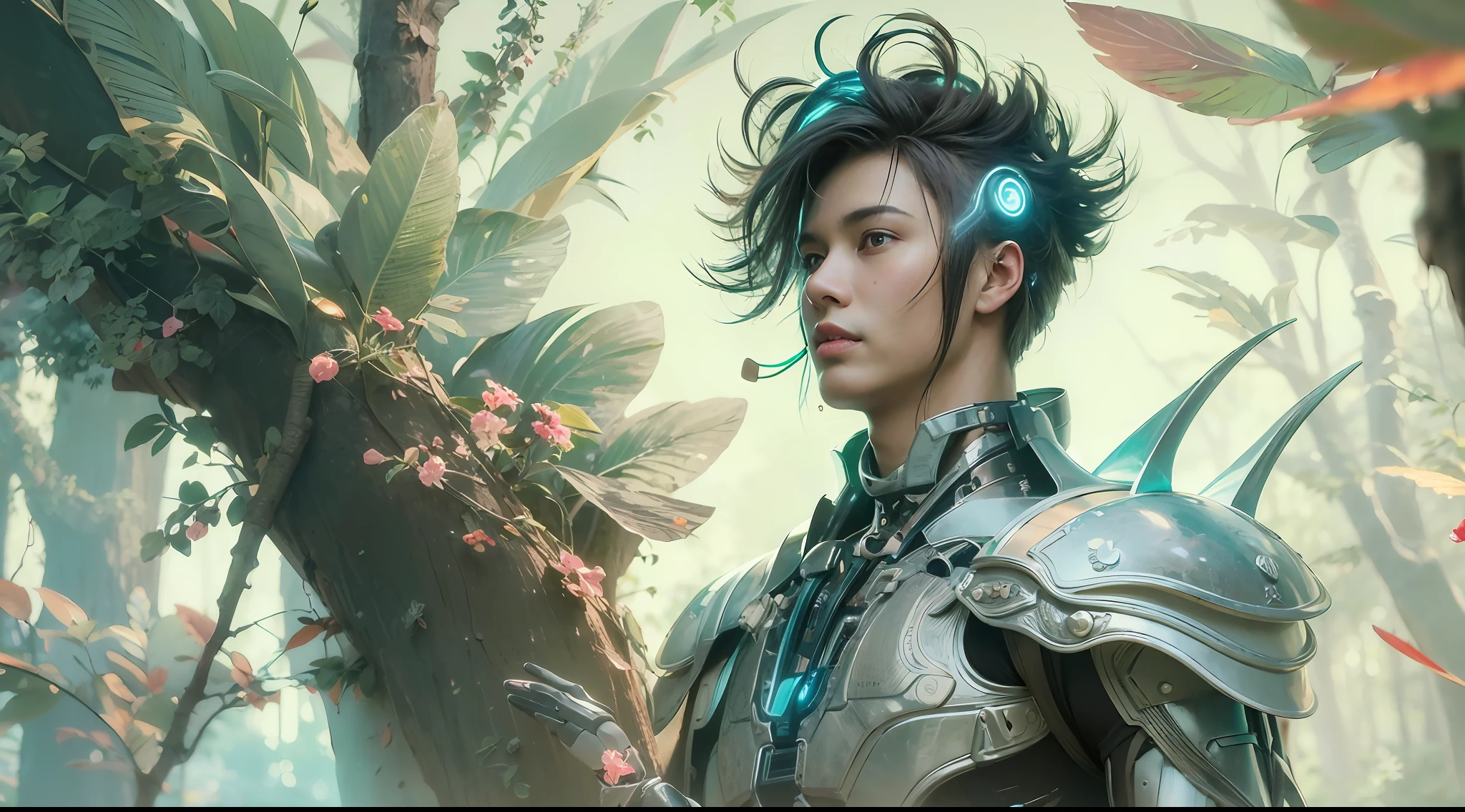 1boy, photo of very very handsome suave smiling young 25-year-old male Chinese prince, clothed in futuristic cybernetic armor, wearing a large futuristic crown, walking in an ethereal enchanted forest with neon glowing flowers and a rainbow in the sky, sci-fi, intricate, neon light, ((perfect face)), ((perfect hands)), ((perfect body)), ((correct anatomy)), ((ultra-realistic)), ((8k, UHD)), highly detailed, digital painting, artstation, concept art, human anatomy, soft light, smooth, illustration, art by tian zi and craig mullins and WLOP and alphonse mucha