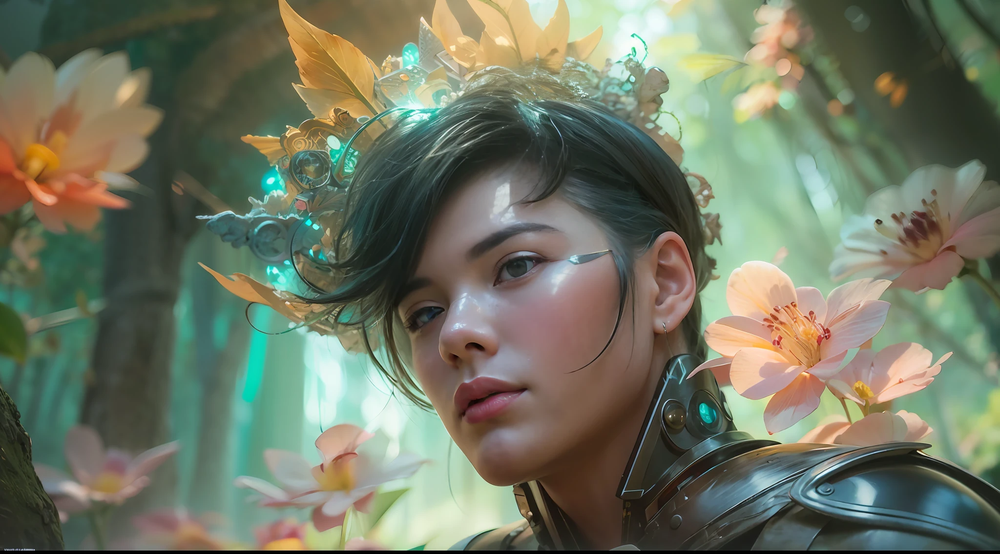 1boy, photo of very very handsome suave smiling young 25-year-old male Chinese prince, clothed in futuristic cybernetic armor, wearing a large futuristic crown, walking in an ethereal enchanted forest with neon glowing flowers and a rainbow in the sky, sci-fi, intricate, neon light, ((perfect face)), ((perfect hands)), ((perfect body)), ((correct anatomy)), ((ultra-realistic)), ((8k, UHD)), highly detailed, digital painting, artstation, concept art, human anatomy, soft light, smooth, illustration, art by tian zi and craig mullins and WLOP and alphonse mucha