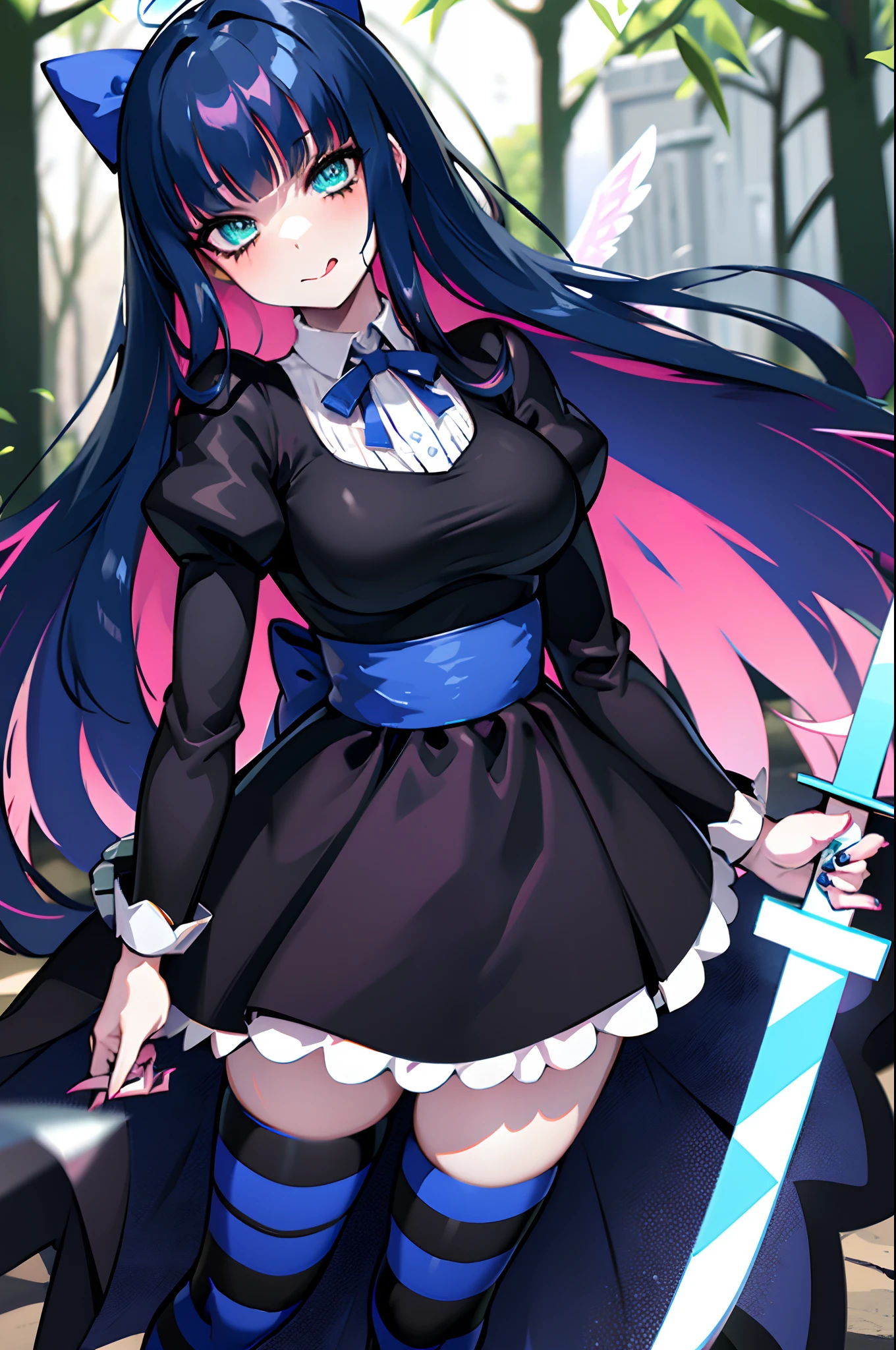 (masterpiece, best quality:1.2), stockingpsg, looking at viewer, blush, large breasts, castle, thighhighs, long sleeves, depth of field, ribbon, hair bow, tongue, tongue out, blunt bangs, nail polish, black dress, aqua eyes, blue bow, blue nails, arm behind back, :q, dynamic camera, cinematic camera, head tilt, chromatic aberration, specular lighting, angel wings, halo, long skirt, large skirt, fullbody, flipflops, walking, village, forest, holding (sword),