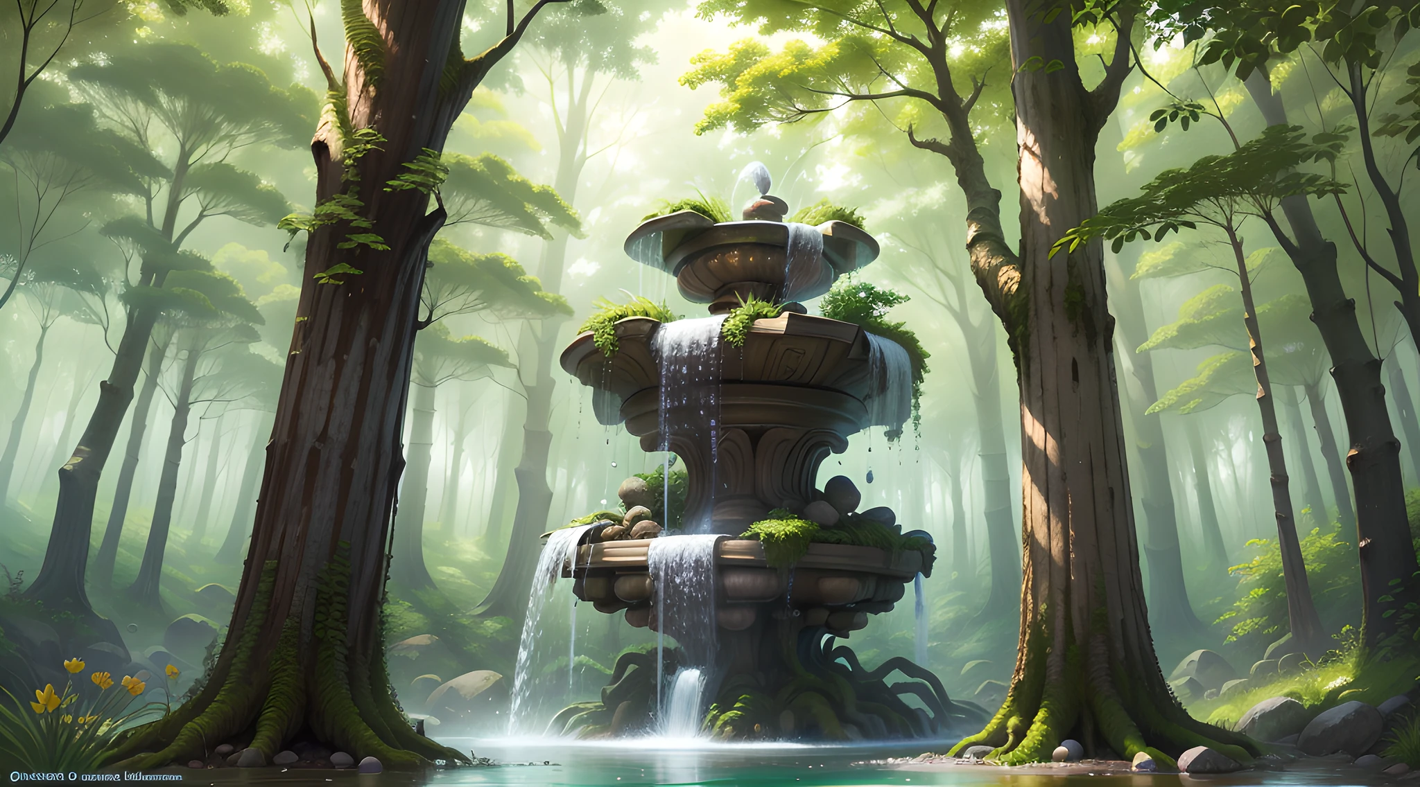 forest with tall trees and bright flowers, A magical clearing with a crystal clear water fountain. com pedras, sem personagens