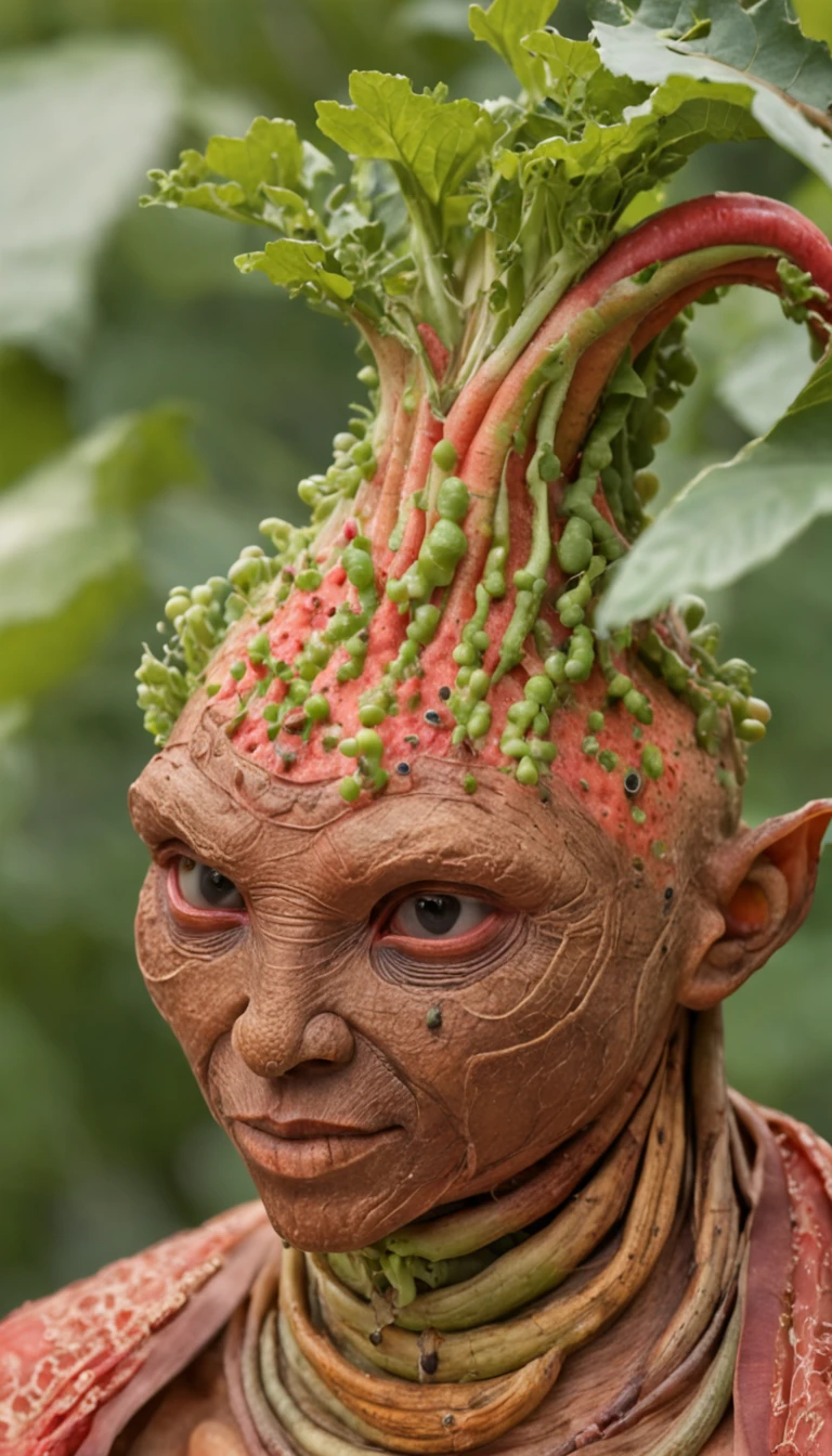An imaginary creature with a body that appears to be made of different types of vegetables and fruits. Its shape is similar to that of a person, with limbs that resemble trunks of vegetables and fruits. The skin is a combination of vibrant colors, with textures ranging from smooth to rough, reminiscent of the appearance of different barks and leaves. The eyes are large and bright, like two spheres of ripe fruit. Hair, rather than being made of strands, is a mixture of leaves and twigs that gently move in the wind. This creature has an aura of vitality and freshness, as if it were an embodiment of nature in human form, highly detailed, very realistic, well drawn, 4k.