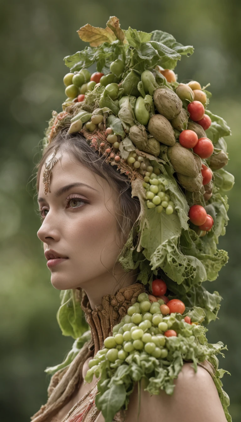 An imaginary creature with a body that appears to be made of different types of vegetables and fruits. Its shape is similar to that of a person, with limbs that resemble trunks of vegetables and fruits. The skin is a combination of vibrant colors, with textures ranging from smooth to rough, reminiscent of the appearance of different barks and leaves. The eyes are large and bright, like two spheres of ripe fruit. Hair, rather than being made of strands, is a mixture of leaves and twigs that gently move in the wind. This creature has an aura of vitality and freshness, as if it were an embodiment of nature in human form, highly detailed, very realistic, well drawn, 4k.