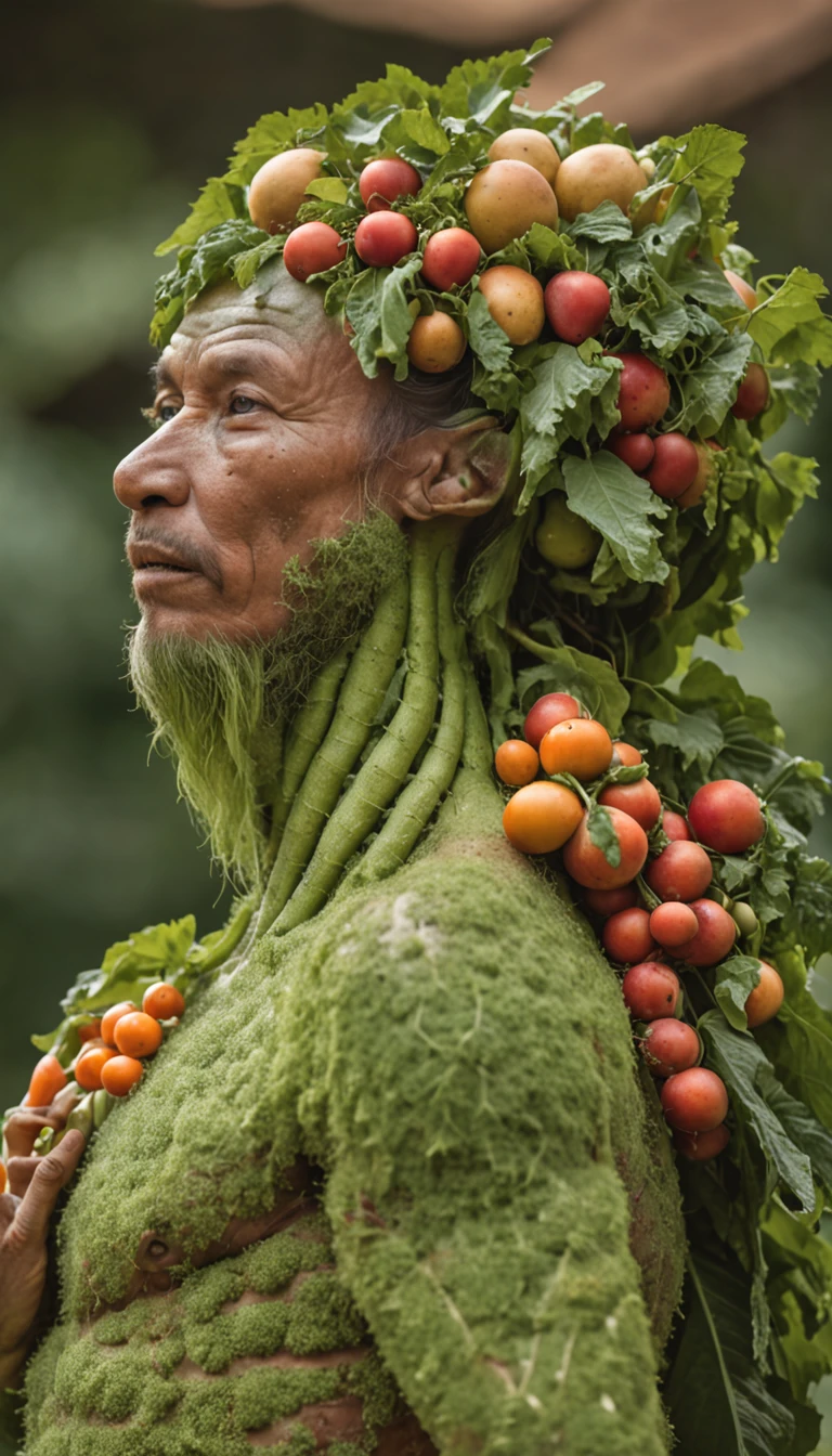 An imaginary creature with a body that appears to be made of different types of vegetables and fruits. Its shape is similar to that of a person, with limbs that resemble trunks of vegetables and fruits. The skin is a combination of vibrant colors, with textures ranging from smooth to rough, reminiscent of the appearance of different barks and leaves. The eyes are large and bright, like two spheres of ripe fruit. Hair, rather than being made of strands, is a mixture of leaves and twigs that gently move in the wind. This creature has an aura of vitality and freshness, as if it were an embodiment of nature in human form, highly detailed, very realistic, well drawn, 4k.