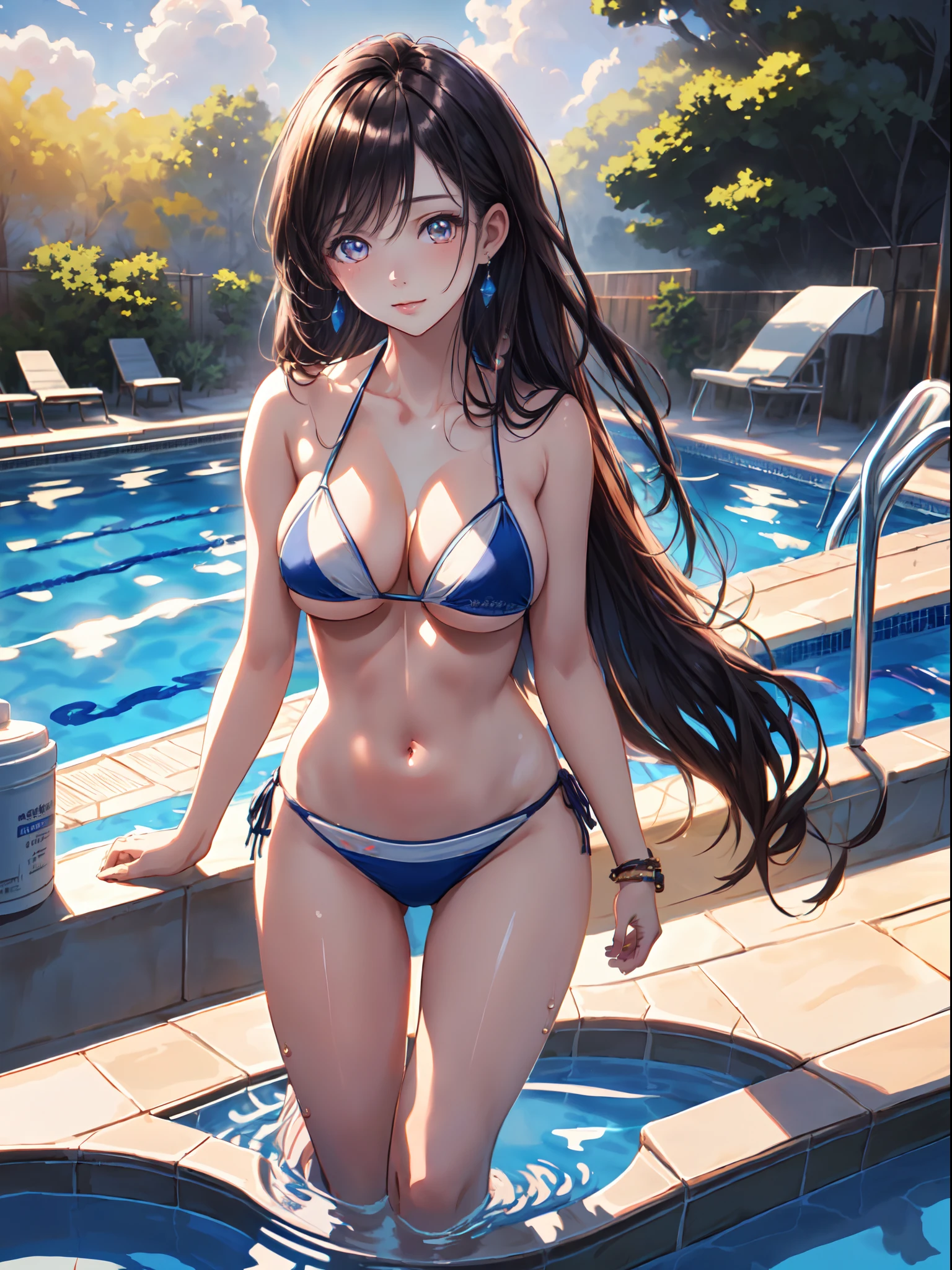 ((masterpiece+best quality+high resolution+illustration1.3+ultra 8k)), 1girl, ((detailed body)) ((attractive face)) ((long nose)), bikini girl, swimming pool, fantasy cloud, cloudy background, detailed body, long hair, sharp eyes, detailed eyes, ((detailed shadow)), lighting, detailed, focus, earrings, hnd detailed