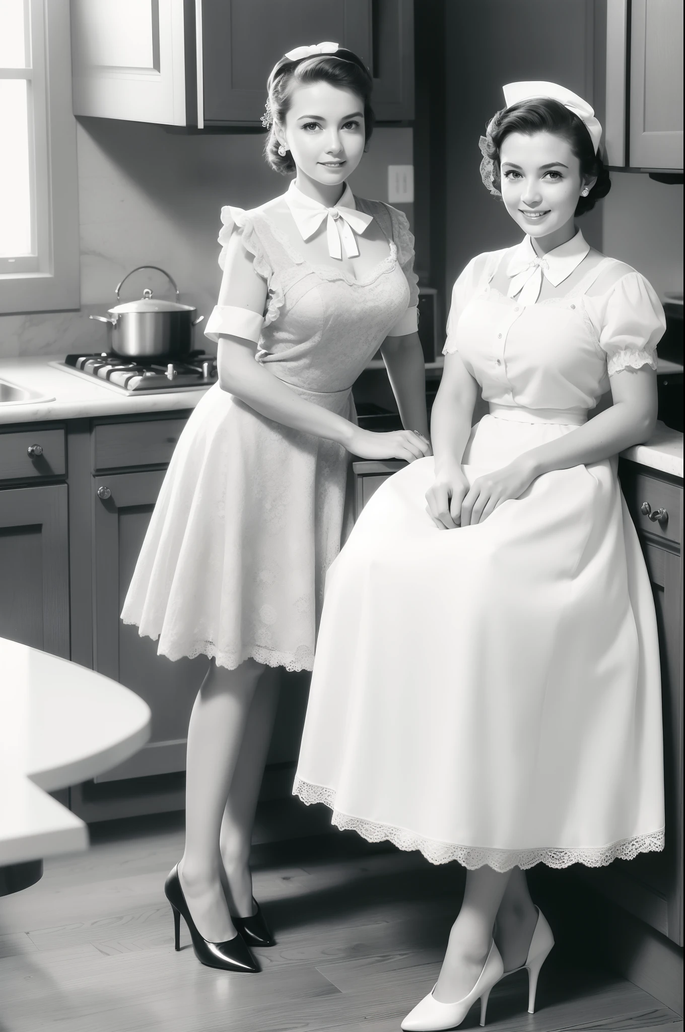 (best quality), (ultra-detailed), (high resolution), (intricate detail) for the group on the theme of housewife and tips, 2girl, 1950s, 1950s women, 2women, mother and daughter, styled hair, bow blouse, medium breasts, form fitting blouse, knee length high waisted skirt with petticoats, knee length skirt, hose, high heels, shy smile, shirt collar, lace, white apron, lace gloves, standing,(detailed and beautiful face and eyes), kitchen decor,