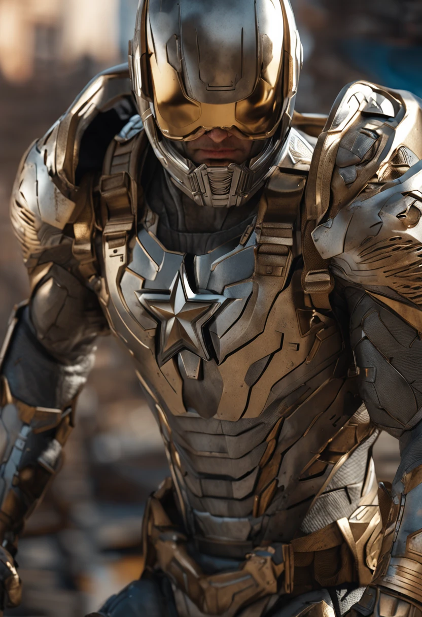 full body shot of captain america  in white and gold armour style suit, no mask on, white cape, looking at center camera, perfect composition, beautiful detailed intricate insanely detailed octane render trending on artstation, 8 k artistic photography, photorealistic concept art, soft natural volumetric cinematic perfect light, chiaroscuro, award - winning photograph, masterpiece, oil on canvas, raphael, caravaggio, greg rutkowski, beeple, beksinski, giger, trending on artstation, sharp focus, studio photo, intricate details, highly detailed, night city background, by greg rutkowski