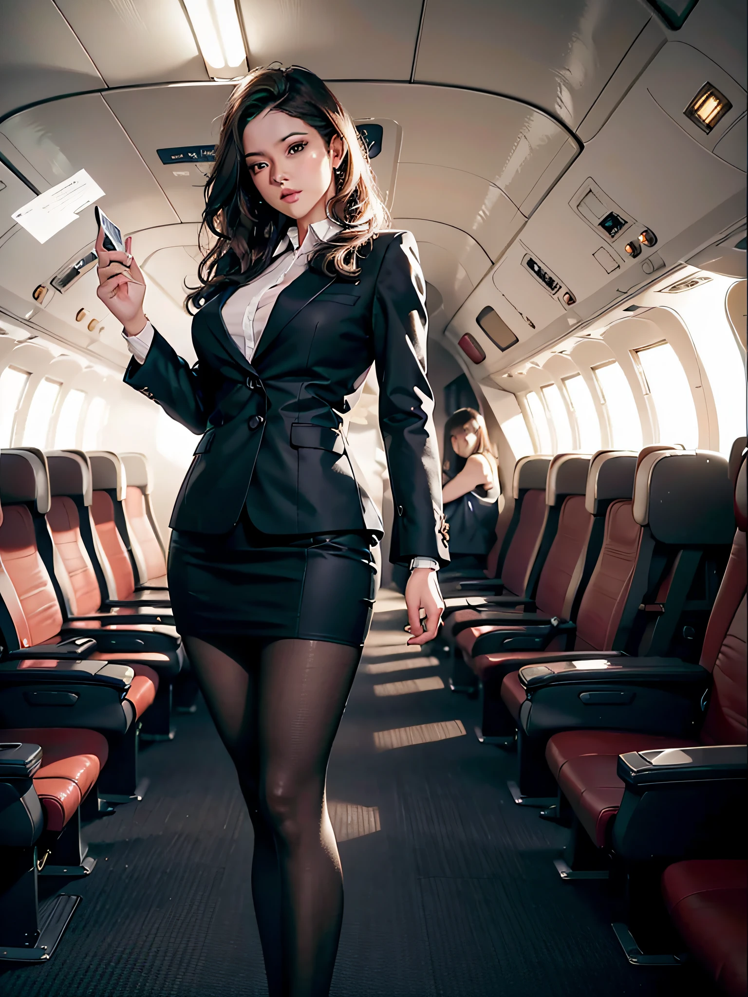 best quality, masterpiece, 8k, ultra high res, (photorealistic:1.4), highly detailed, intricate detail, delicate and beautiful, good lighting, professional lighting, sharp focus, detailed shadows, exquisite details and textures, depth of field, unity 8k wallpaper, cinematic composition, cinematic lighting, official art, Cabin Crew, flight attendant, black pantyhose, (aircraft, (Aircraft Corridor), Aircraft seats) beautiful elegant face, detailed face, detailed eyes, realistic hair, long hair, (1girl), (standing:1.3),