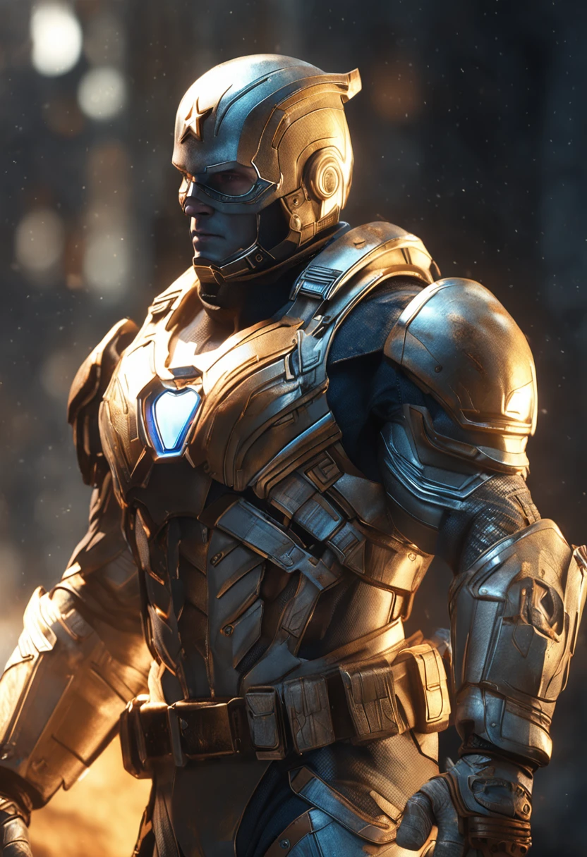 full body shot of captain america  in white and gold armour style suit, no mask on, white cape, looking at center camera, perfect composition, beautiful detailed intricate insanely detailed octane render trending on artstation, 8 k artistic photography, photorealistic concept art, soft natural volumetric cinematic perfect light, chiaroscuro, award - winning photograph, masterpiece, oil on canvas, raphael, caravaggio, greg rutkowski, beeple, beksinski, giger, trending on artstation, sharp focus, studio photo, intricate details, highly detailed, night city background, by greg rutkowski