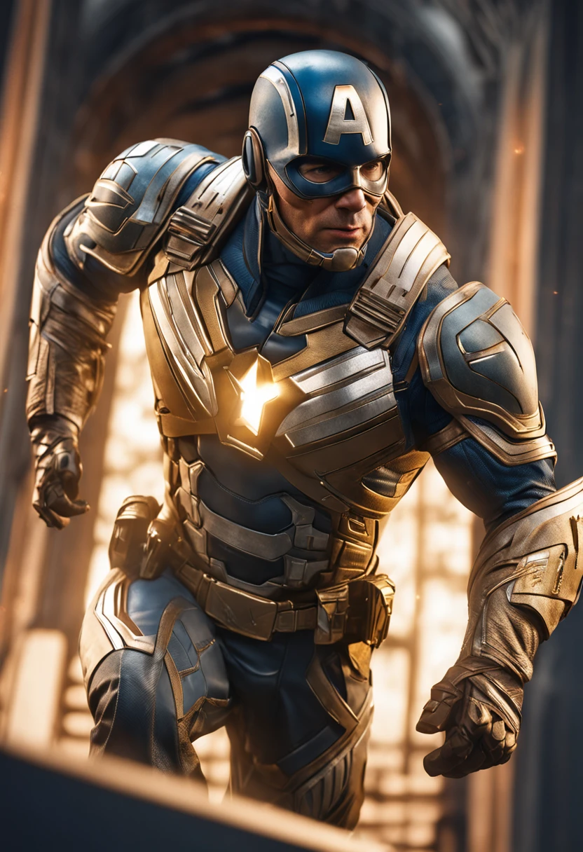 full body shot of captain america  in white and gold armour style suit, no mask on, white cape, looking at center camera, perfect composition, beautiful detailed intricate insanely detailed octane render trending on artstation, 8 k artistic photography, photorealistic concept art, soft natural volumetric cinematic perfect light, chiaroscuro, award - winning photograph, masterpiece, oil on canvas, raphael, caravaggio, greg rutkowski, beeple, beksinski, giger, trending on artstation, sharp focus, studio photo, intricate details, highly detailed, night city background, by greg rutkowski