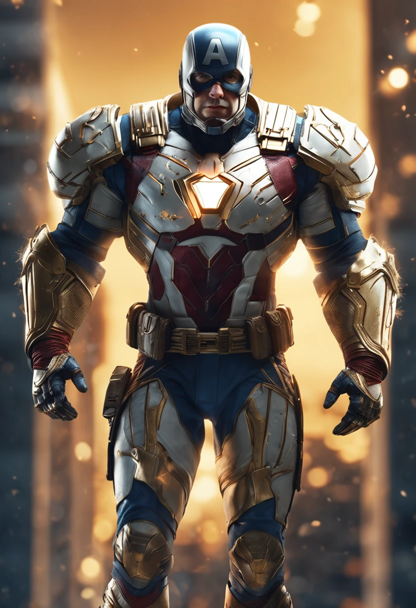 full body shot of captain america in white and gold armour style suit, no mask on, white cape, looking at center camera, perfect composition, beautiful detailed intricate insanely detailed octane render trending on artstation, 8 k artistic photography, photorealistic concept art, soft natural volumetric cinematic perfect light, chiaroscuro, award - winning photograph, masterpiece, oil on canvas, raphael, caravaggio, greg rutkowski, beeple, beksinski, giger, trending on artstation, sharp focus, studio photo, intricate details, highly detailed, night city background, by greg rutkowski