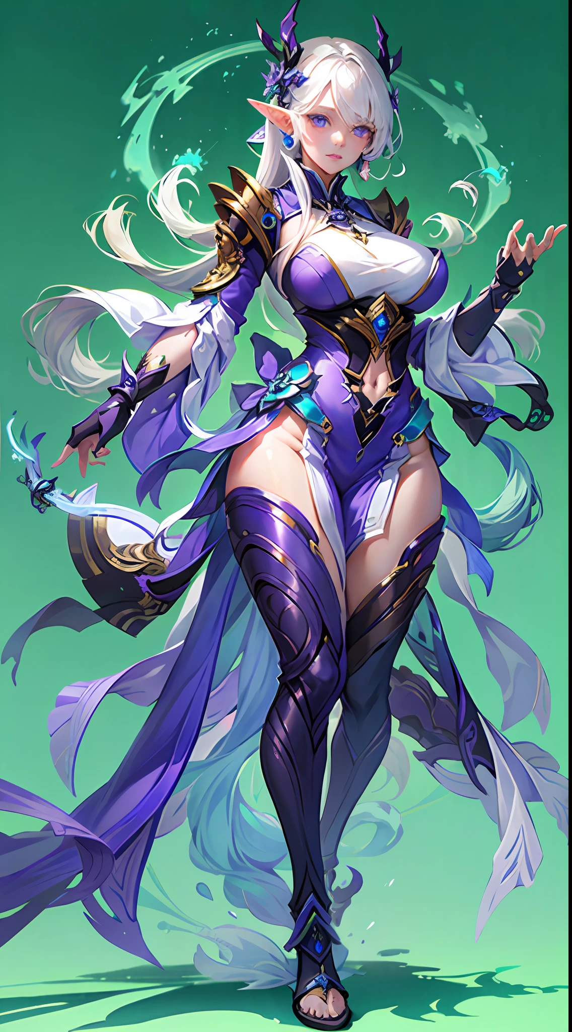 Game character, East Asian original art character design, 1girll, Solo,[:(Gradient background:1.5):40],full body, big breasts, purple outfit posing,  anime goddess, biomechanical oppai, beautiful elf with violet skin, detailed body,