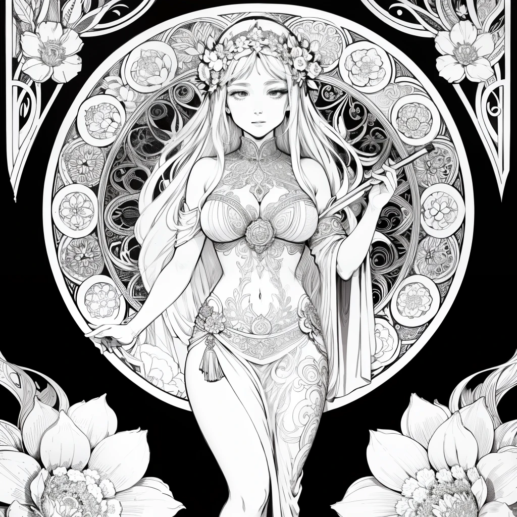 Flowers and goddess, ploynesian, garden, art for coloring book page, full white background, only use outline, line art, coloring book, clean line art, mandala for coloring with nature ornaments, simple and clean line art, coloring book page, adorned in Art Nouveau style, with a stroke of Alfons Mucha's brush, perfect details, real.