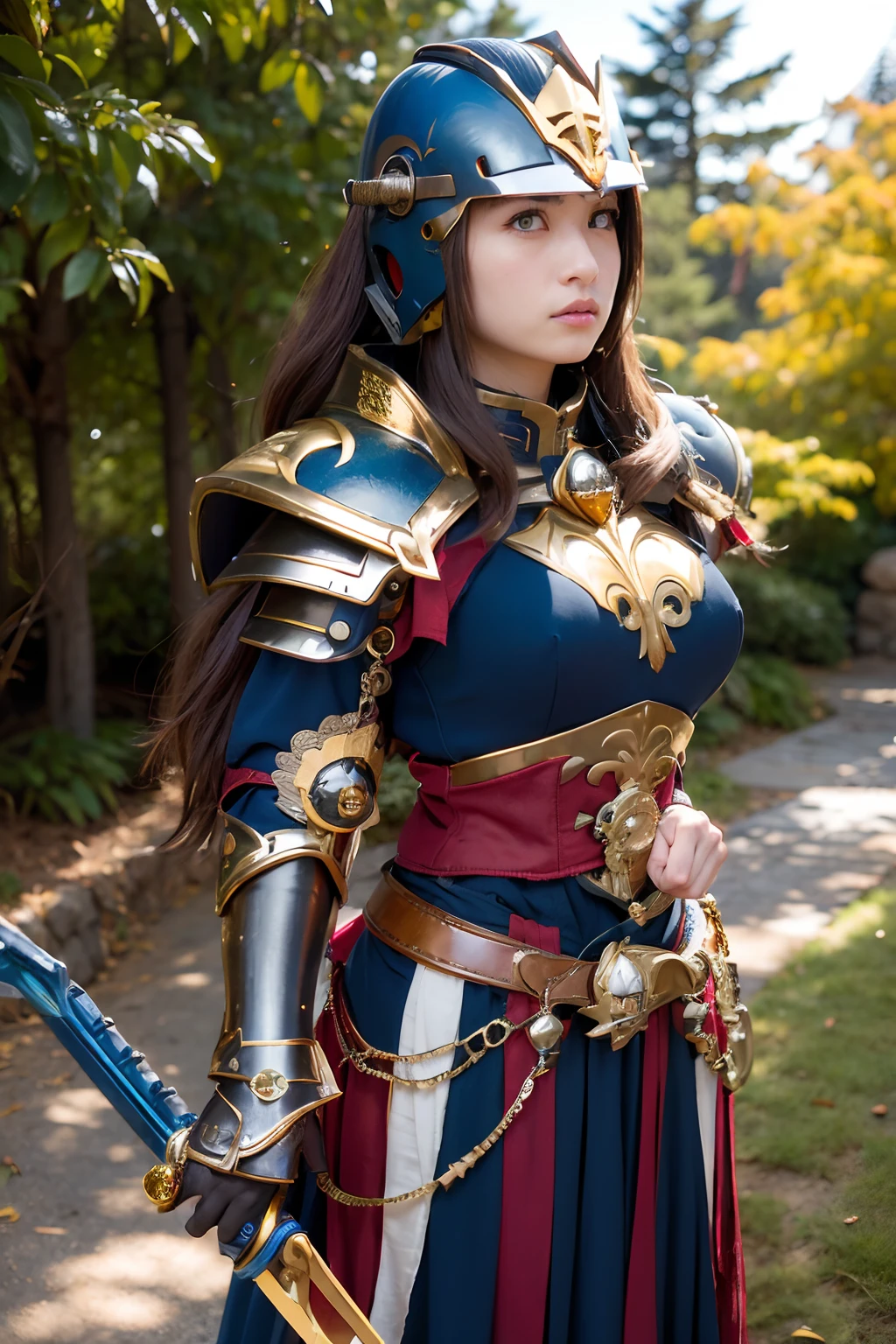 (masutepiece), Professional , masterpiece、top-quality、photos realistic , depth of fields ,(Wind element),close-up,dream magical,tornado,Lightning,(Gemstone Gold Jewel Body:1.6),(Matte Blue、Jewel Gold Weapon_、(Metal:1.4),Gorgeous Jewel Metal Weapons ,(( Detailed Sword of the Brave)) ,(Stand in front of the dragon)、 Castle background ,warhammer 40k , adepta sororitas,Wear a gorgeous helmet with attention to detail、Brown hair、((Gangle's forest background))、Beautiful Caucasian beauty、1a person、dynamic ungle,(((Legendary armor helmet)))、Particles of light、cleavage of the breast、Battle Pose、Mystical expression、