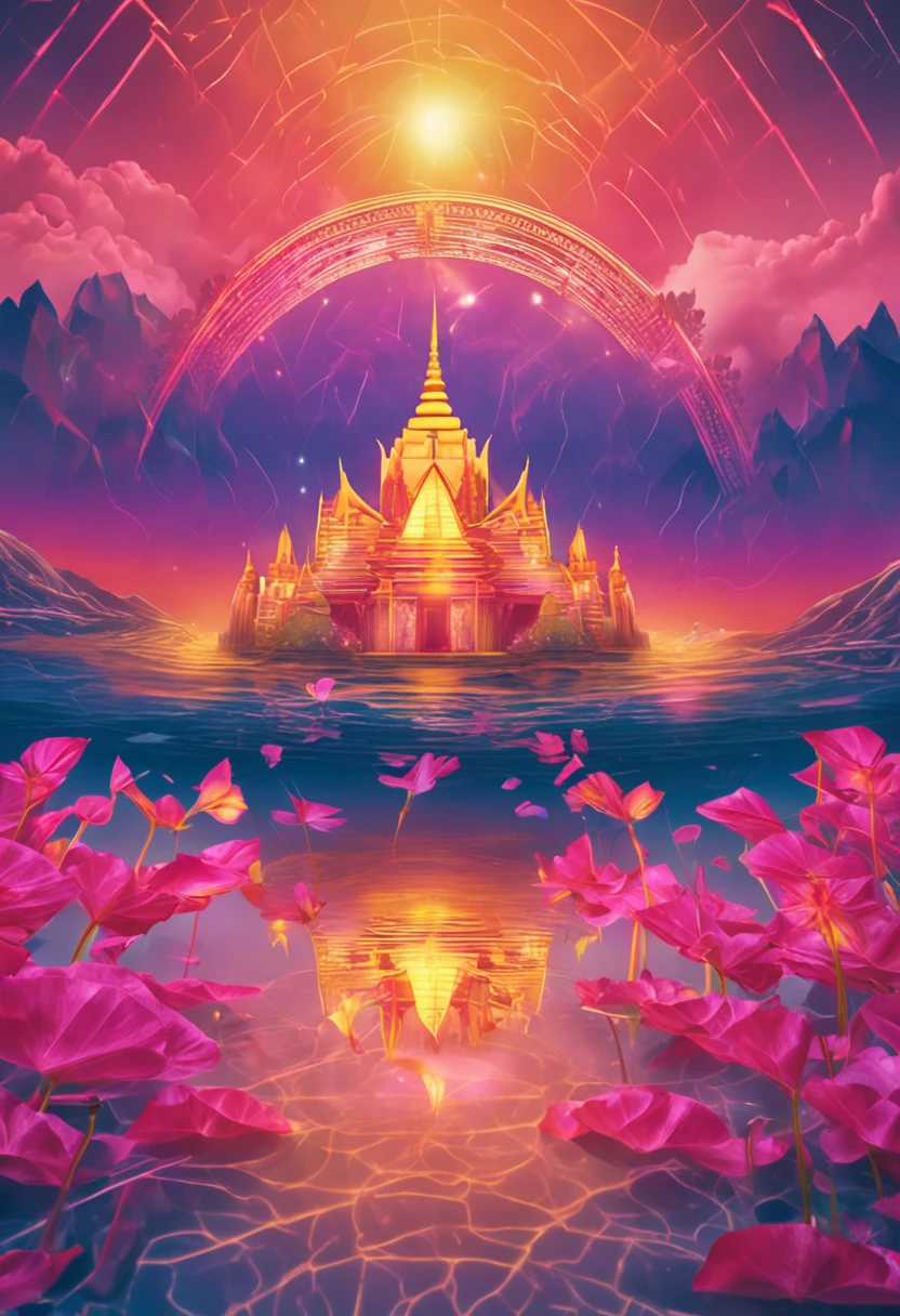 Lotus flower with light petals, symbol of Buddhism, iridescent in rainbow colors, with a golden aura around him with a very bright divine light descending from the sky, High Definition Image, detalhamento alto e estilo fotorrealismo. Imagem com pelo menos 300 dpi, UHD 8k