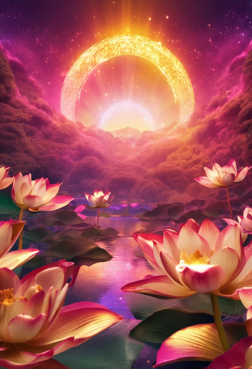 Lotus flower with light petals, symbol of Buddhism, iridescent in rainbow colors, with a golden aura around him with a very bright divine light descending from the sky,  High Definition Image, detalhamento alto e estilo fotorrealismo. Imagem com pelo menos 300 dpi, UHD 8k