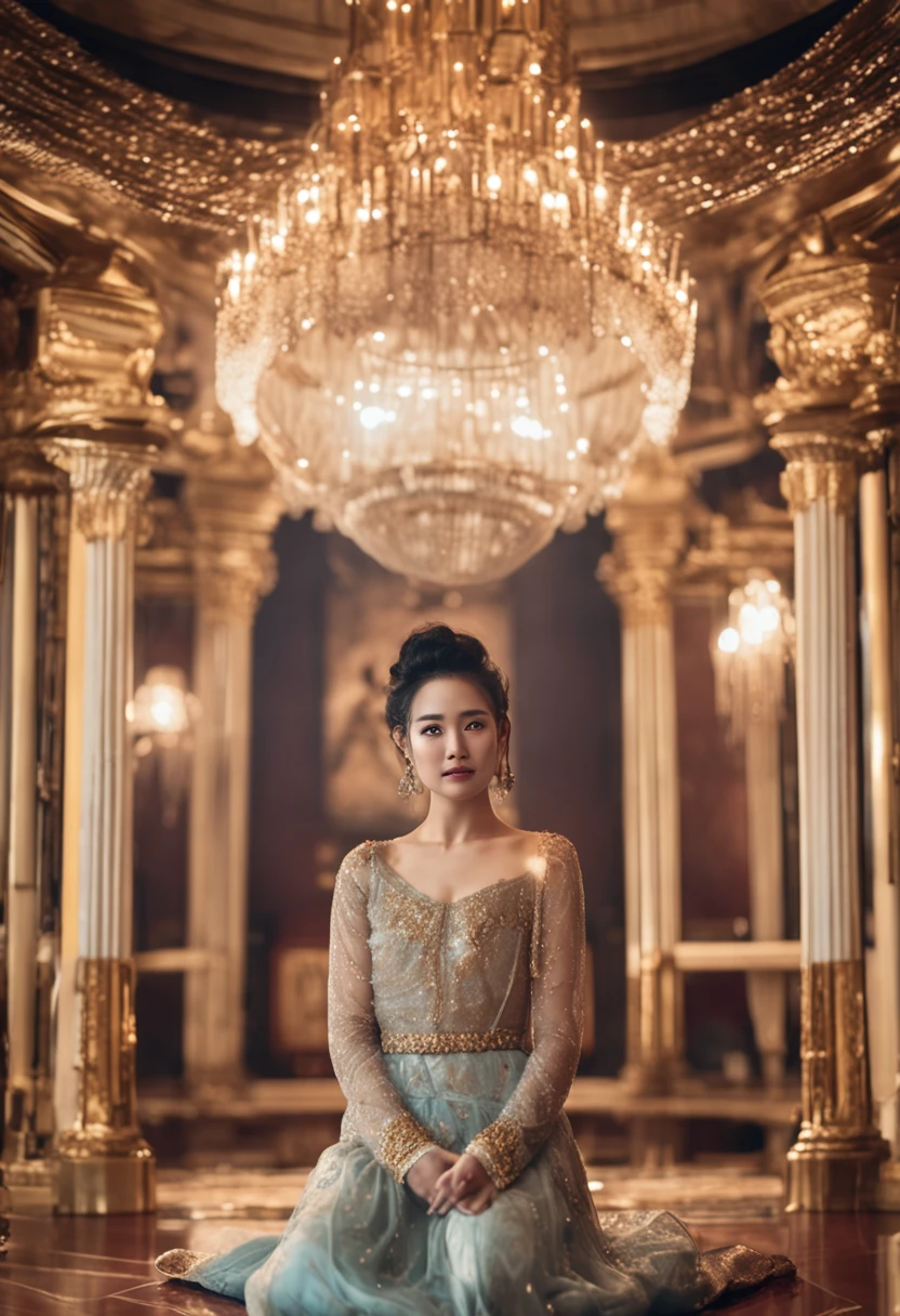 Sit in a luxurious palace、Beautiful girl in her 20s with plump body, Glamour、abundant dark hair, Bushy bangs, Beautiful black eyes with glitter, Beautiful face with symmetry, Pretty and innocent face, a smile、I'm smiling at you、heavy make-up、 Unadorned, Film grain, dreamy photo, Concept photo, Emotional Photography, film photography, photos realistic, realisitic, foco nítido, ighly detailed, cgsociety, ultra-definition, Very fine particles, Grain Filter、Dignified、