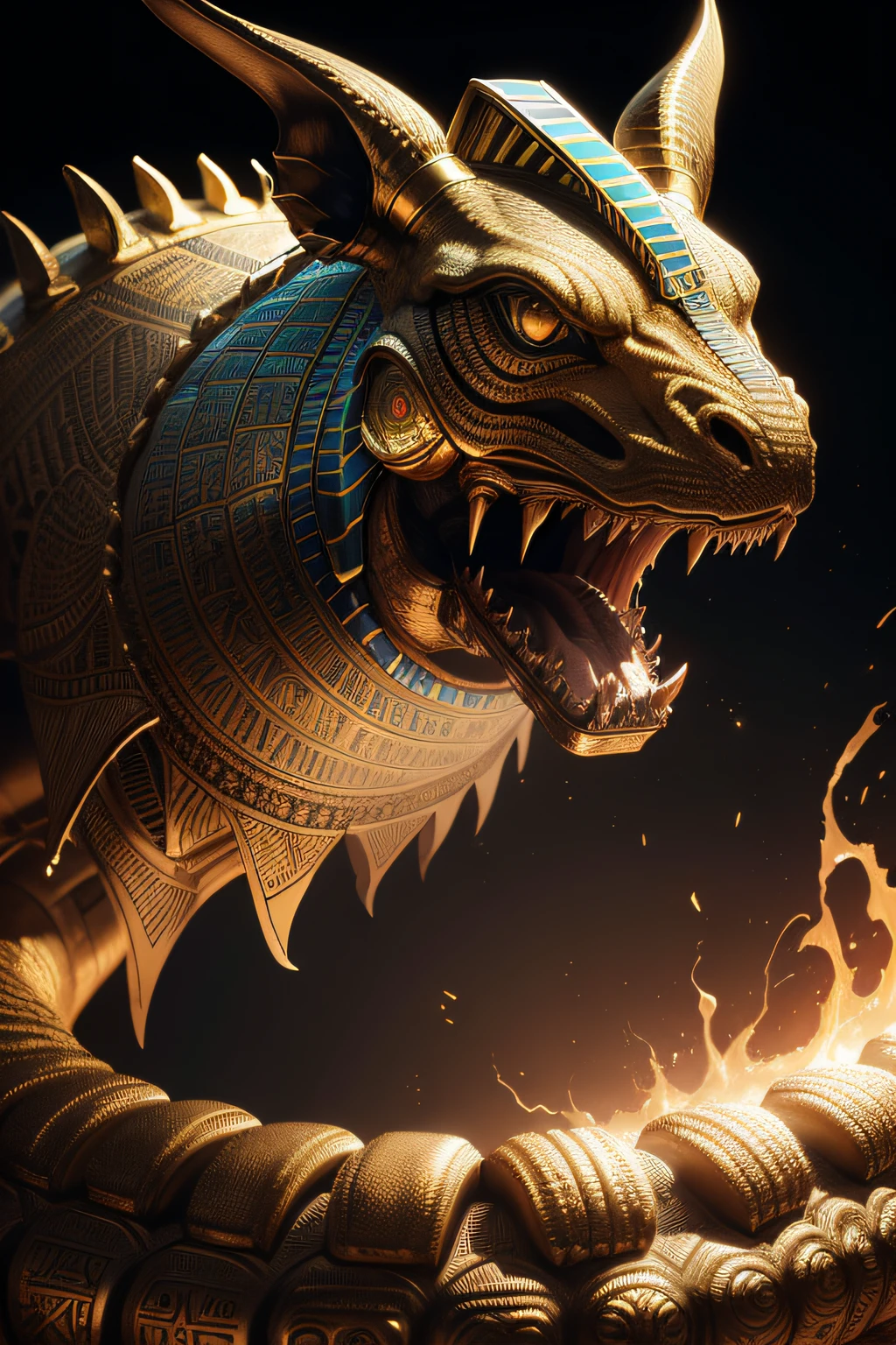 biomachine:1.3, (Egyptian Ammit:1.2), (colorido:1.2), dourado, ouro, Hans Giger, (zentangle:1.2), granulado, extremamente detalhado, detalhes intrincados, dynamic lighting, fotorrealista, luz natural, baixo h, obra prima, detalhado 8k