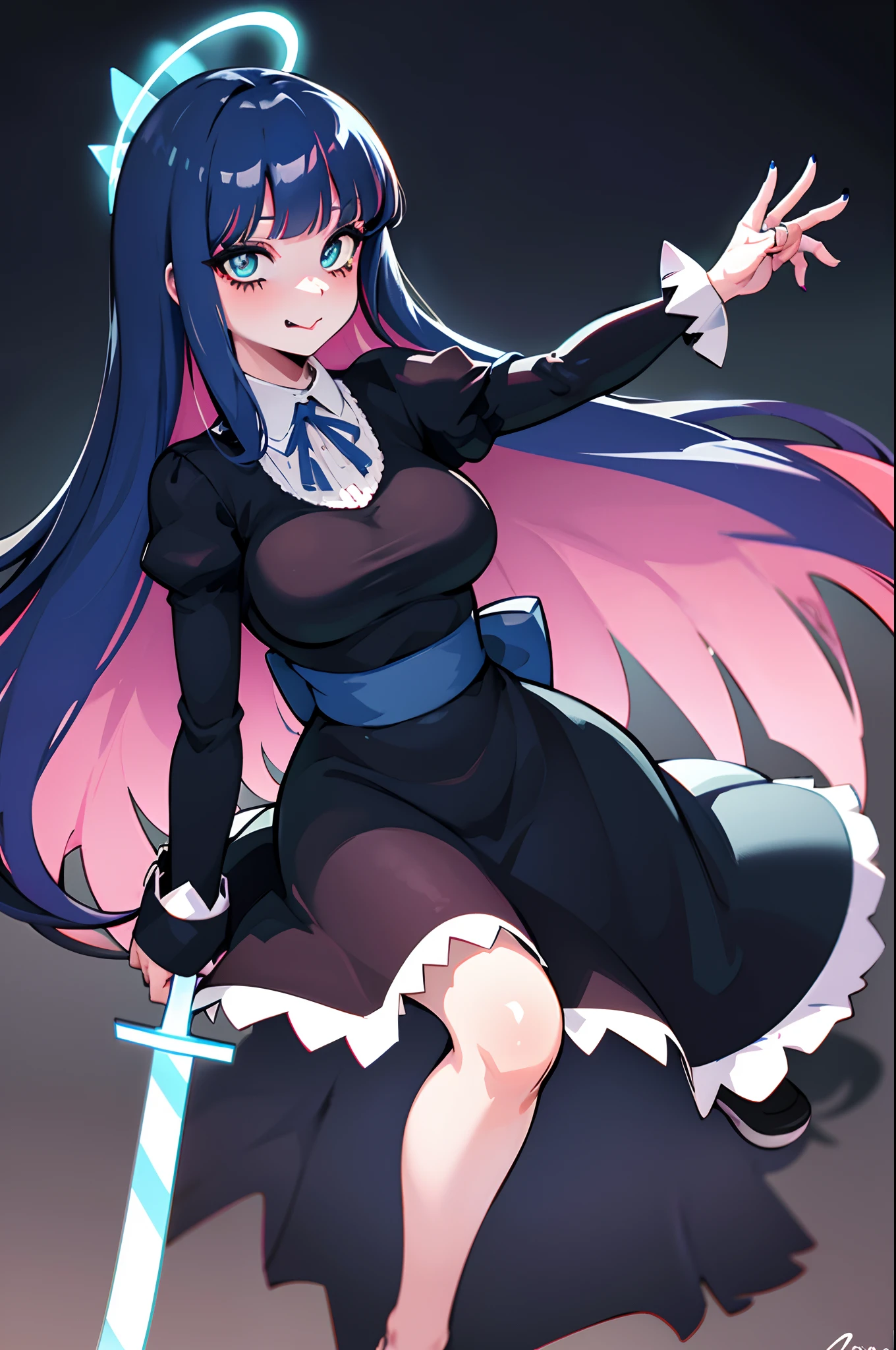 (masterpiece, best quality:1.2), stockingpsg, looking at viewer, blush, large breasts, castle, thighhighs, long sleeves, depth of field, ribbon, hair bow, tongue, tongue out, blunt bangs, nail polish, black dress, aqua eyes, blue bow, blue nails, arm behind back, :q, dynamic camera, cinematic camera, head tilt, chromatic aberration, specular lighting, angel wings, halo, long skirt, large skirt, fullbody, flipflops, walking, village, forest, holding (sword),