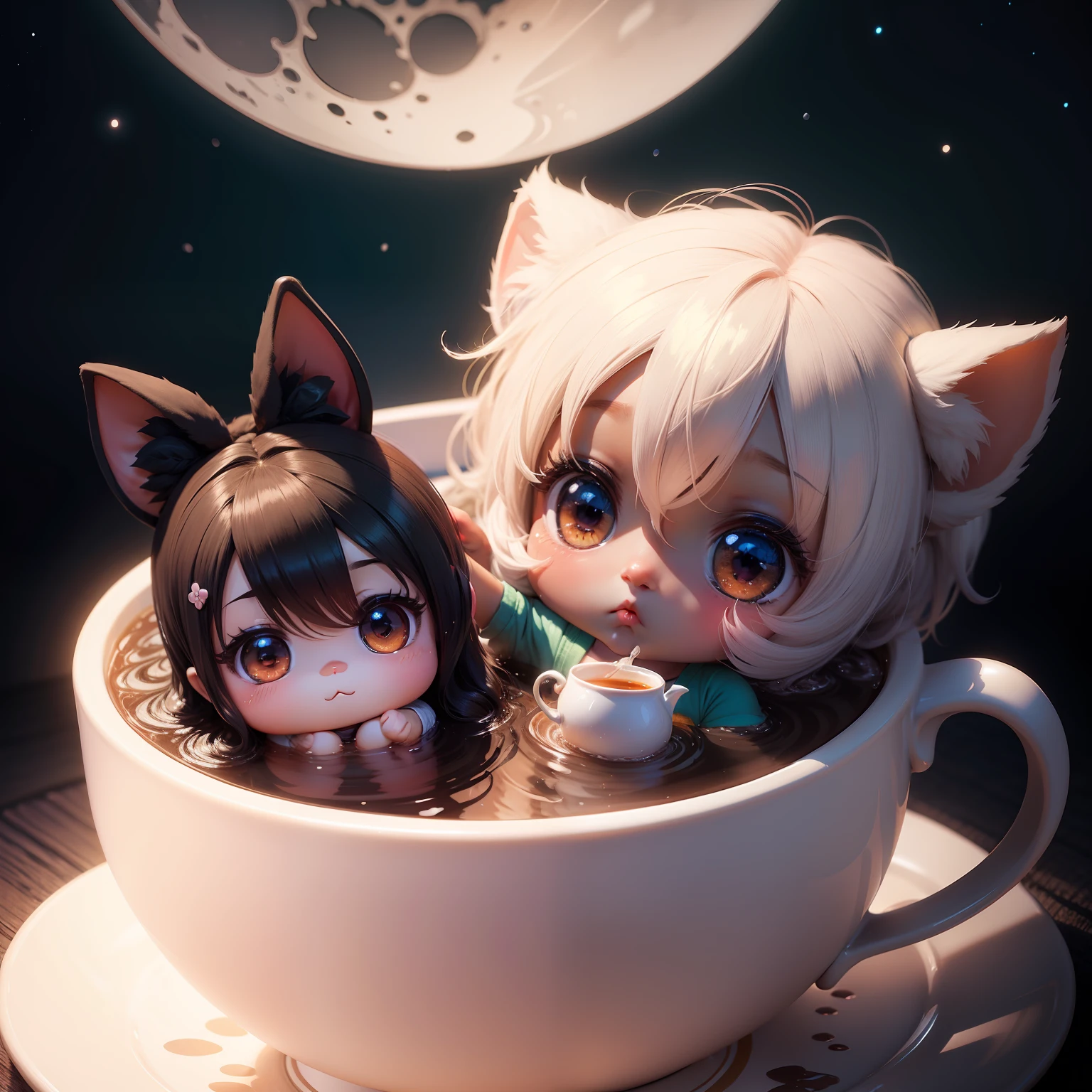 Cute baby chibi anime, drink tea, dark skinned, moon, 4k
