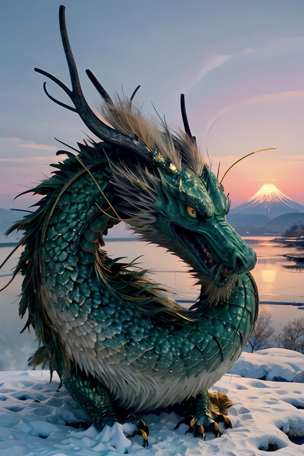 masterpiece、The background is Mt. Fuji in winter in Japan and the sunrise at New Year's、Green Chinese dragon surrounded by gold dust、Deities々Right、the wind、Deities、long body、tusk、Fantasia、myth、hightquality、ighly detailed、masterpiece、epic poem、Particle effect、Dynamic effects、facing front、